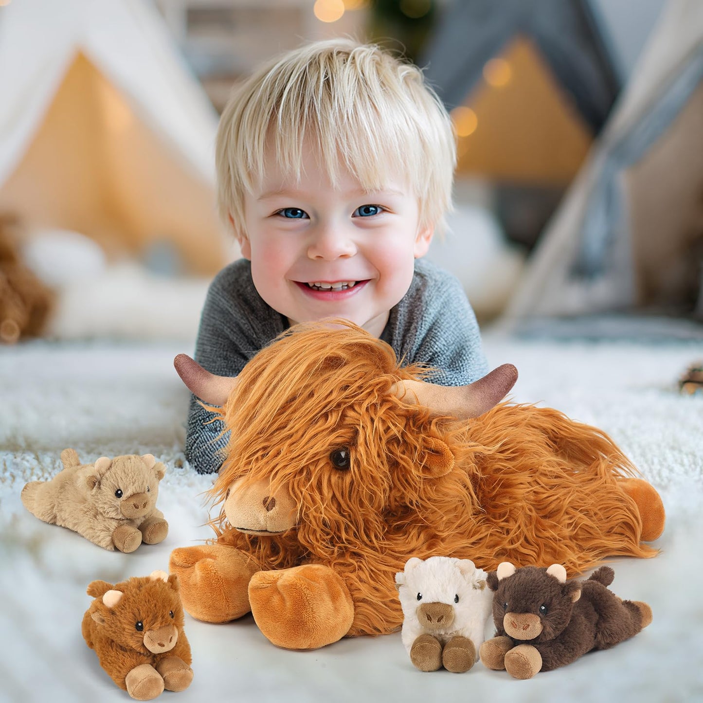 5PC Highland Cow Stuffed Animals with Babies Inside, 1 Mommy Highland Cow Plush & 4 Surprise Babies, Cute Plush Toy for Kid Boys Girls Ages 3 4 5 6 7 8, Gift Ideal for Christmas, Valentine's, Birthday