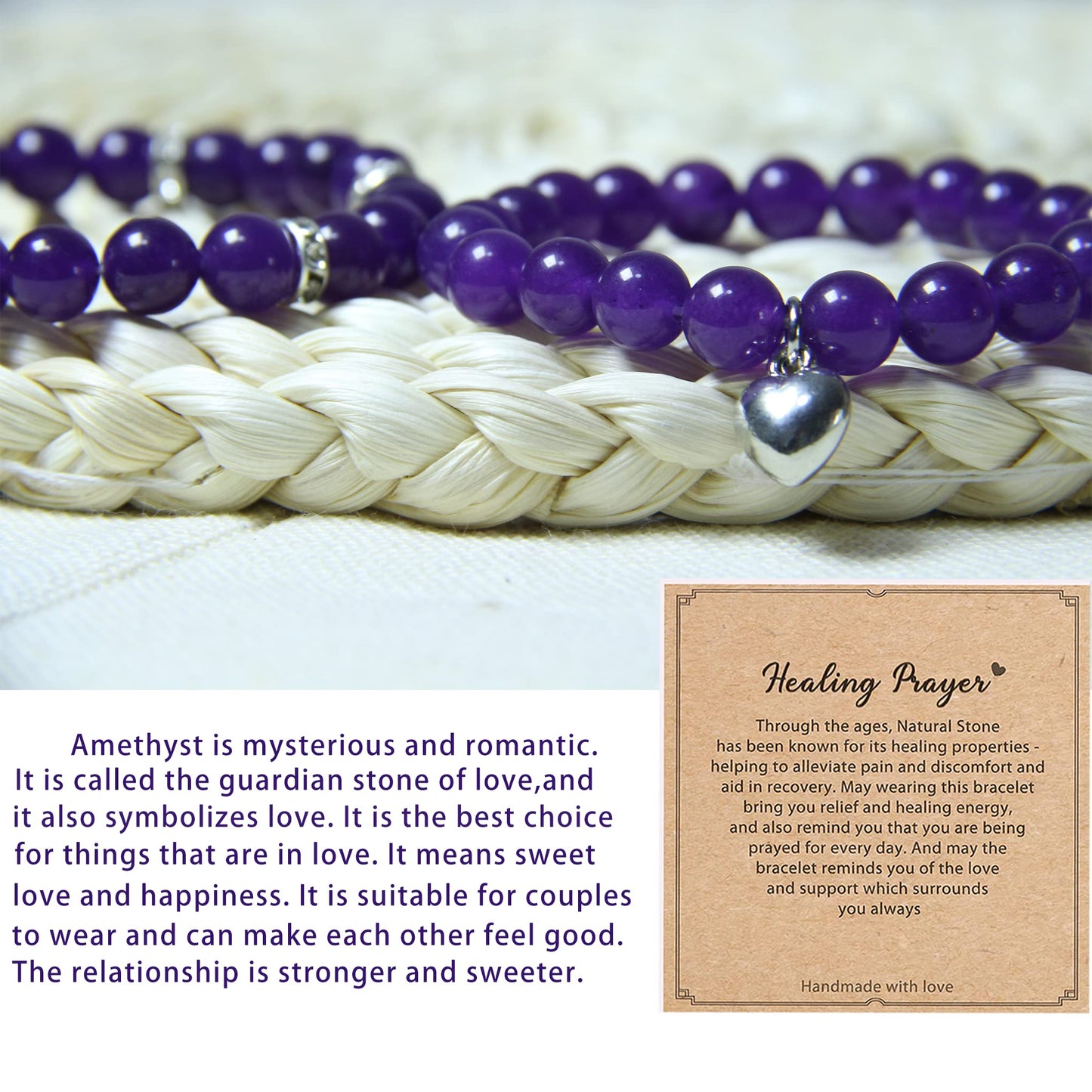 GDLKPYHS Healing Bracelets for Women - Amethyst Bracelet - Healing Prayers Crystal Bracelet, 8mm Natural Stone Stress Relief Yoga Beads Get Well Soon Gifts