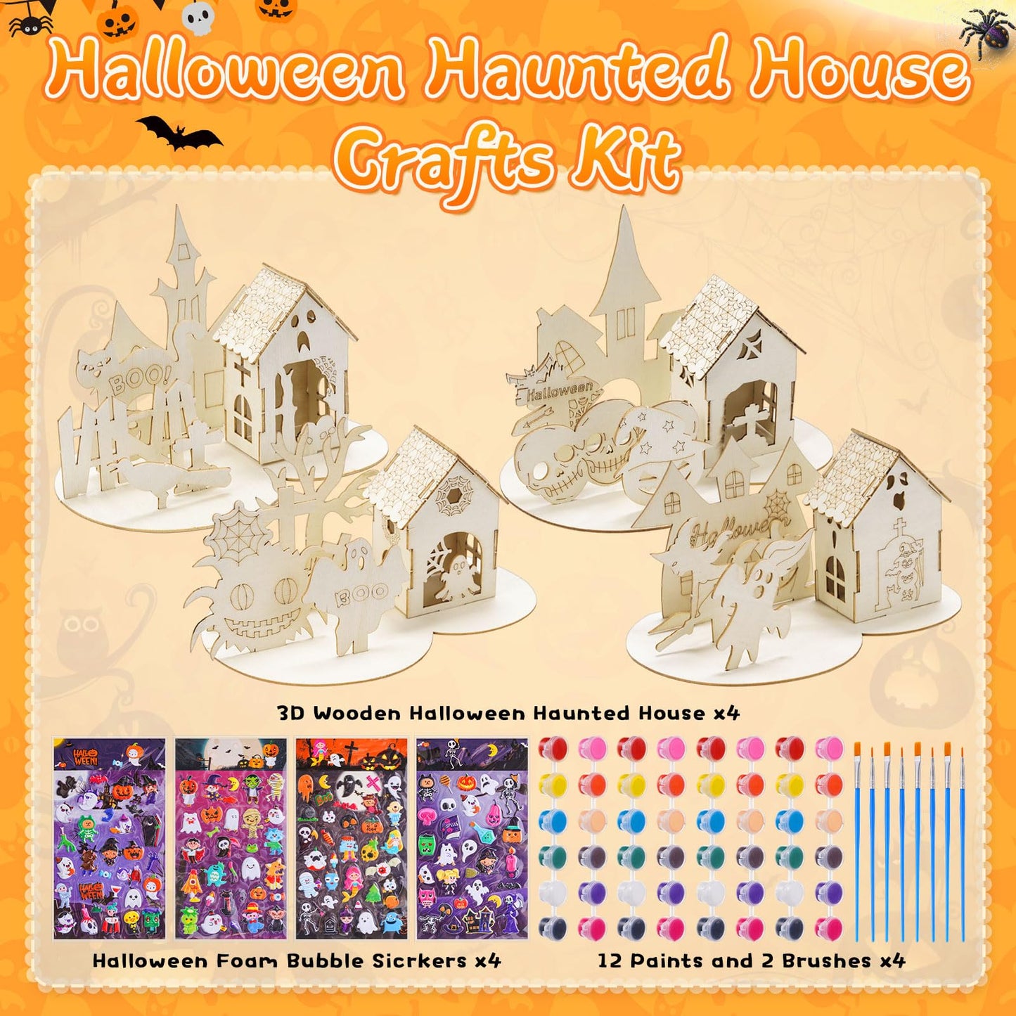 Poen 4 Set 3D Wooden Halloween Haunted House Crafts Kit DIY Wood Ghost House Puzzles Set with Paints Brushes Stickers for Halloween Home Table Decoration Party Gifts Supplies Indoor Decor