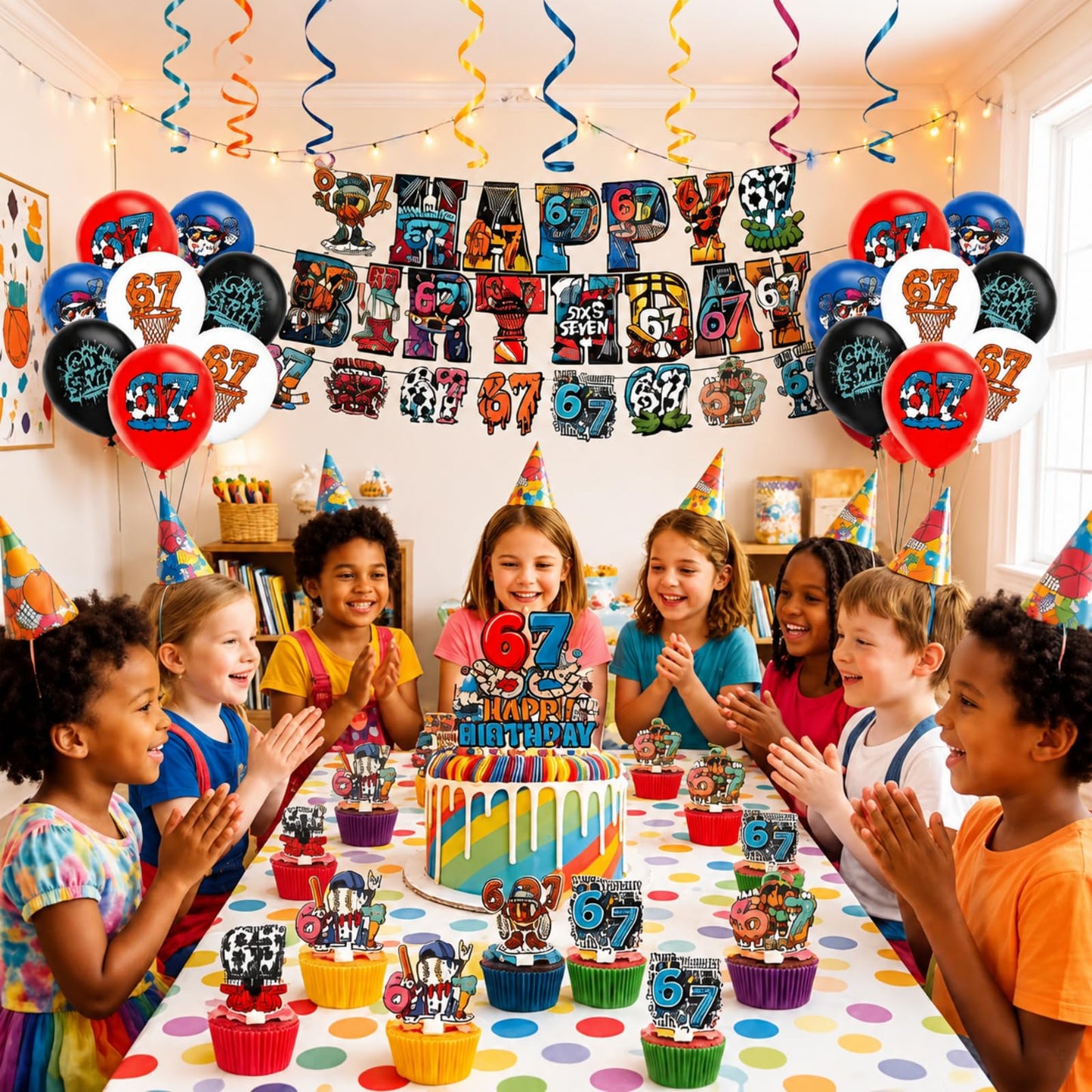 lvyujia 6 7 Birthday Decorations Kit, I Was 6 Now I'm 7 Birthday Decorations, Funny Meme Party Supplies with 50PCS Stickers, Banner, Balloons, Cake & Cupcake Toppers for Indoor Outdoor Party Décor