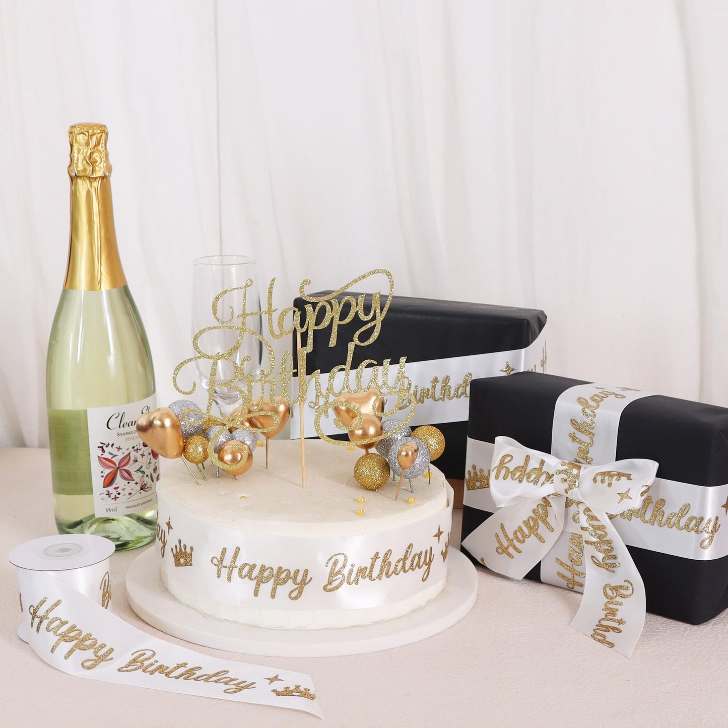TONIFUL White Glitter Happy Birthday Satin Ribbon 2 Inch x 10 Yards Wide Printed Shiny Ribbon for Gift Wrapping,Flower Bouquet Decoration,Crafts,Banner Making and Party Supply