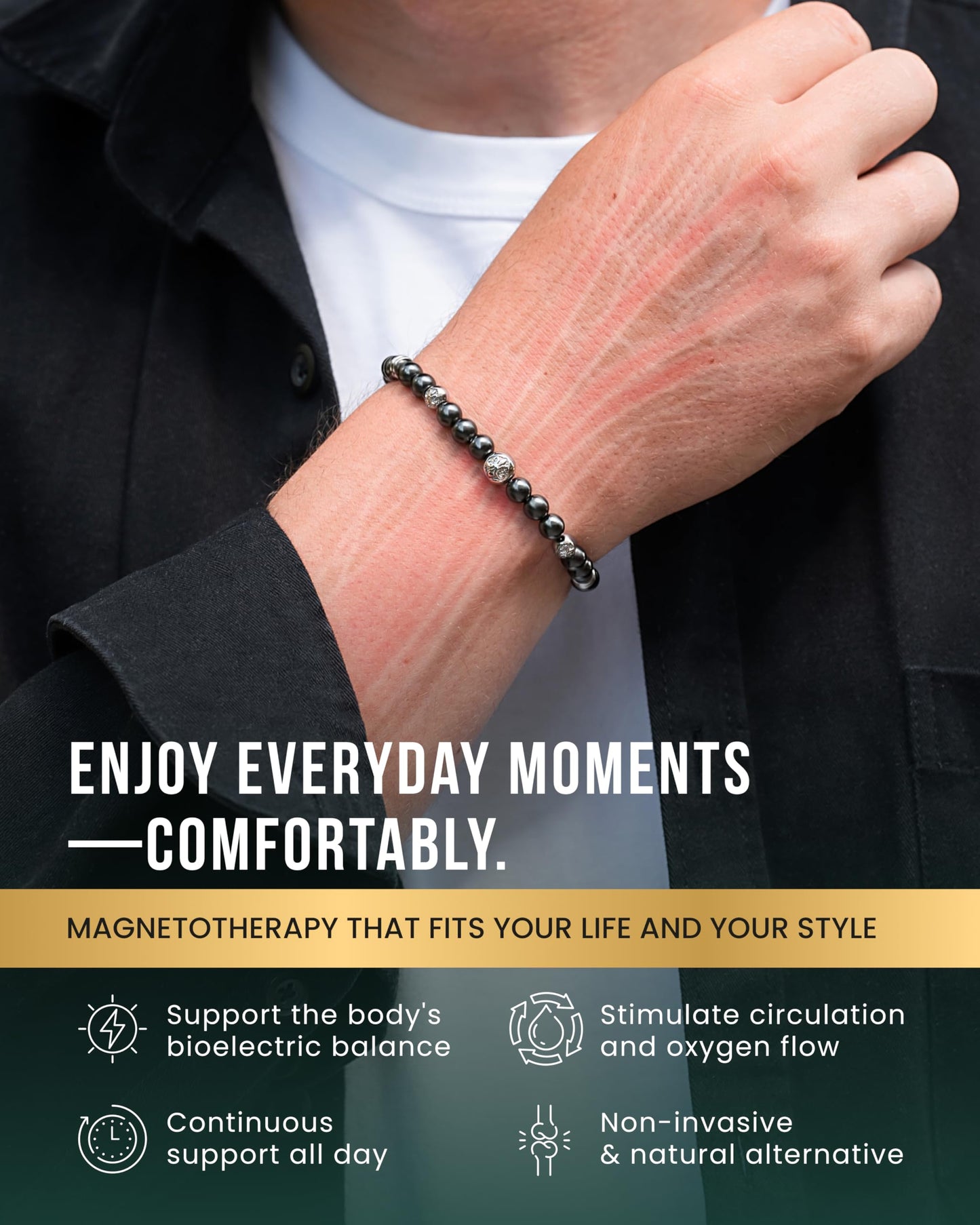 MagnetRX® Hematite Magnetic Bracelet – Max Strength Magnet Stones with Stainless Steel Charms – Elegant Magnetic Hematite Beaded Bracelets for Men (Armory | Medium)