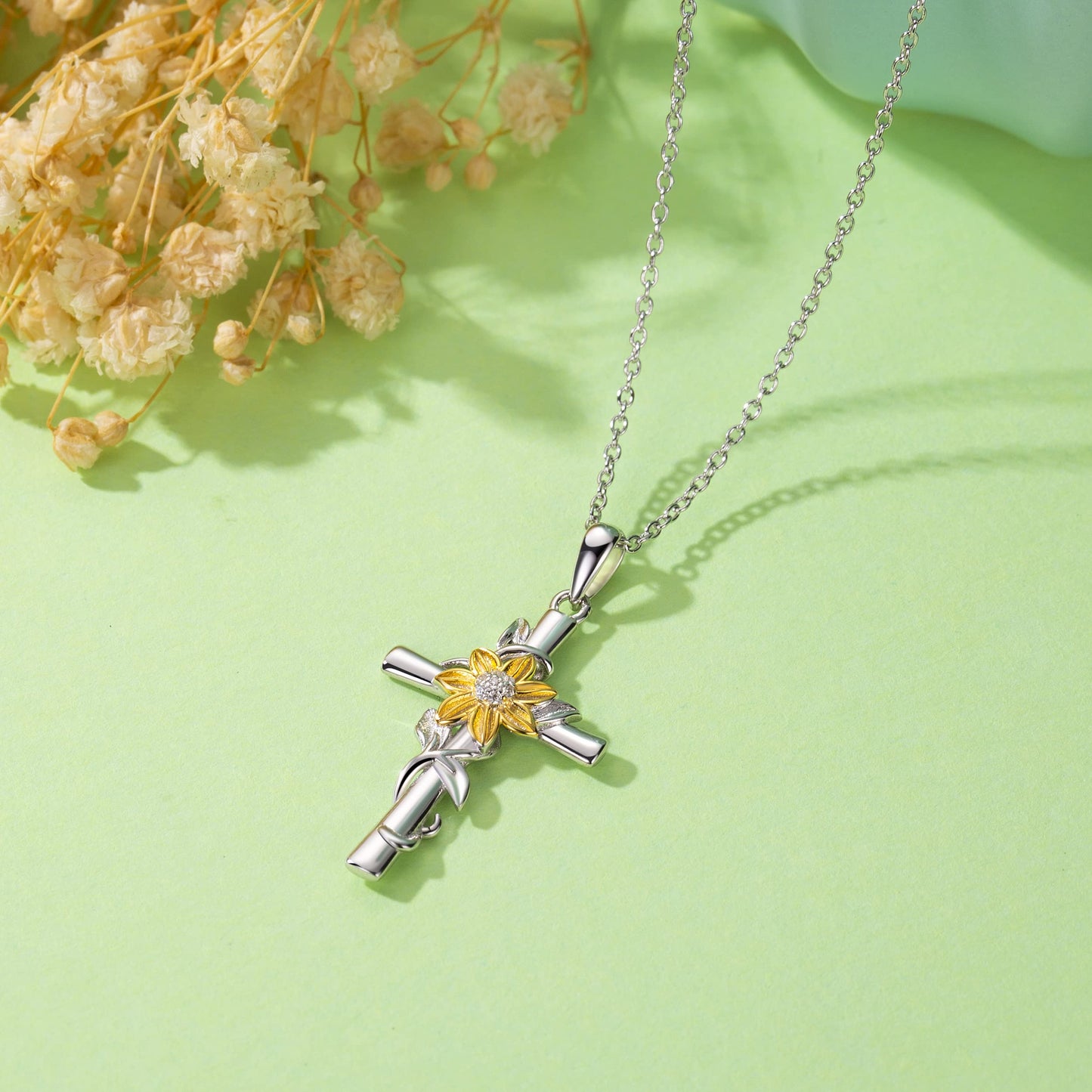 Annamate 925 Sterling Silver Cross Necklace for Women Sunflower Cross Necklace Dainty Sunshine Pendant for Women Mom Sunflower Gifts for Women