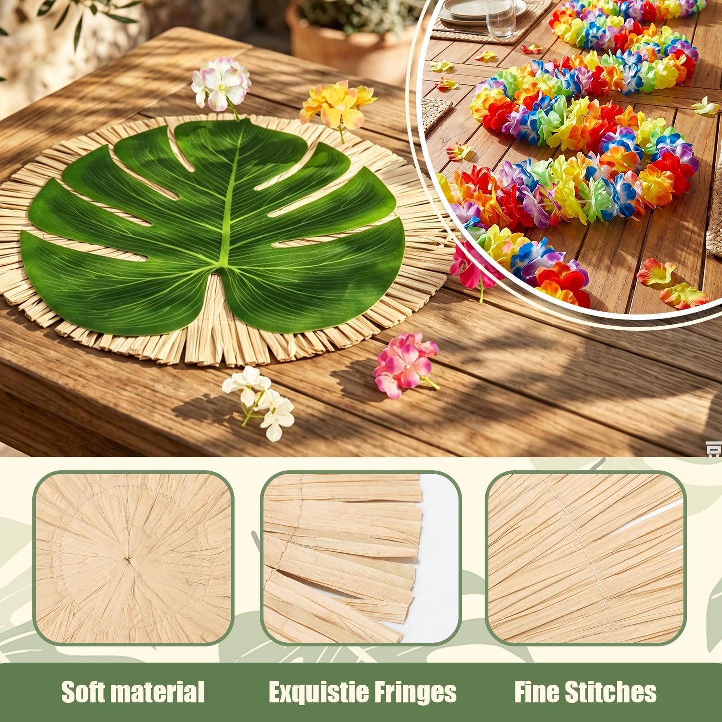 38PCS Hawaiian Tropical Party Decorations, Luau Placemats and Palm Placemat, Round Luau Fringe Place Mats Hibiscus Flower Simulation Artificial Leaf Birthday Party Supplies Table Decor