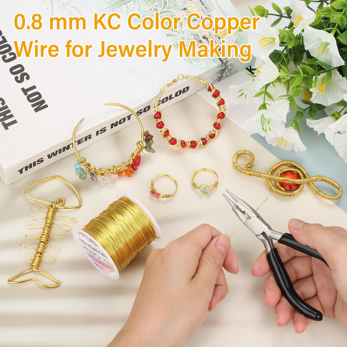 Modacraft 20 Gauge Gold Jewelry Wire & 4-in-1 Pliers Kit - 82FT Tarnish Resistant Copper Craft Wire (0.8mm) for Wire Wrapping, DIY Jewelry Making, Christmas Ornaments & Holiday Decorations