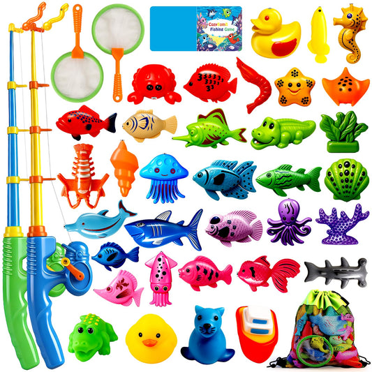 CozyBomB™ Magnetic Fishing Toys Game Set for Kids | Water Table Bathtub Kiddie Pool Party Pole Rod Net, Outdoor Plastic Floating Fish, Toddler Bath Color Ocean Sea Animals Birthday Gift Age 3-5 6 4-8