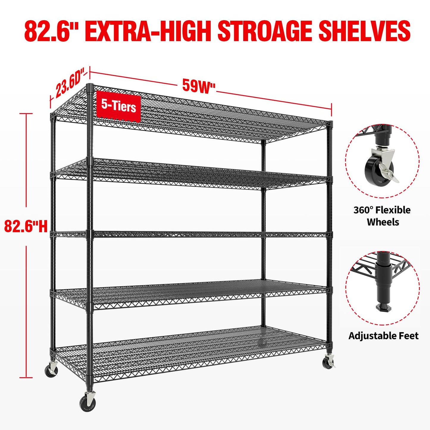 MilleLoom 82" H Storage Shelves with Wheels, 5-Tier Metal Shelving Unit Load 3300LBS Capacity, Adjustable Wire Shelf Rack w/Feets, Heavy Duty Storage Shelving for Garage Pantry Rooms, 59" W X 24" D
