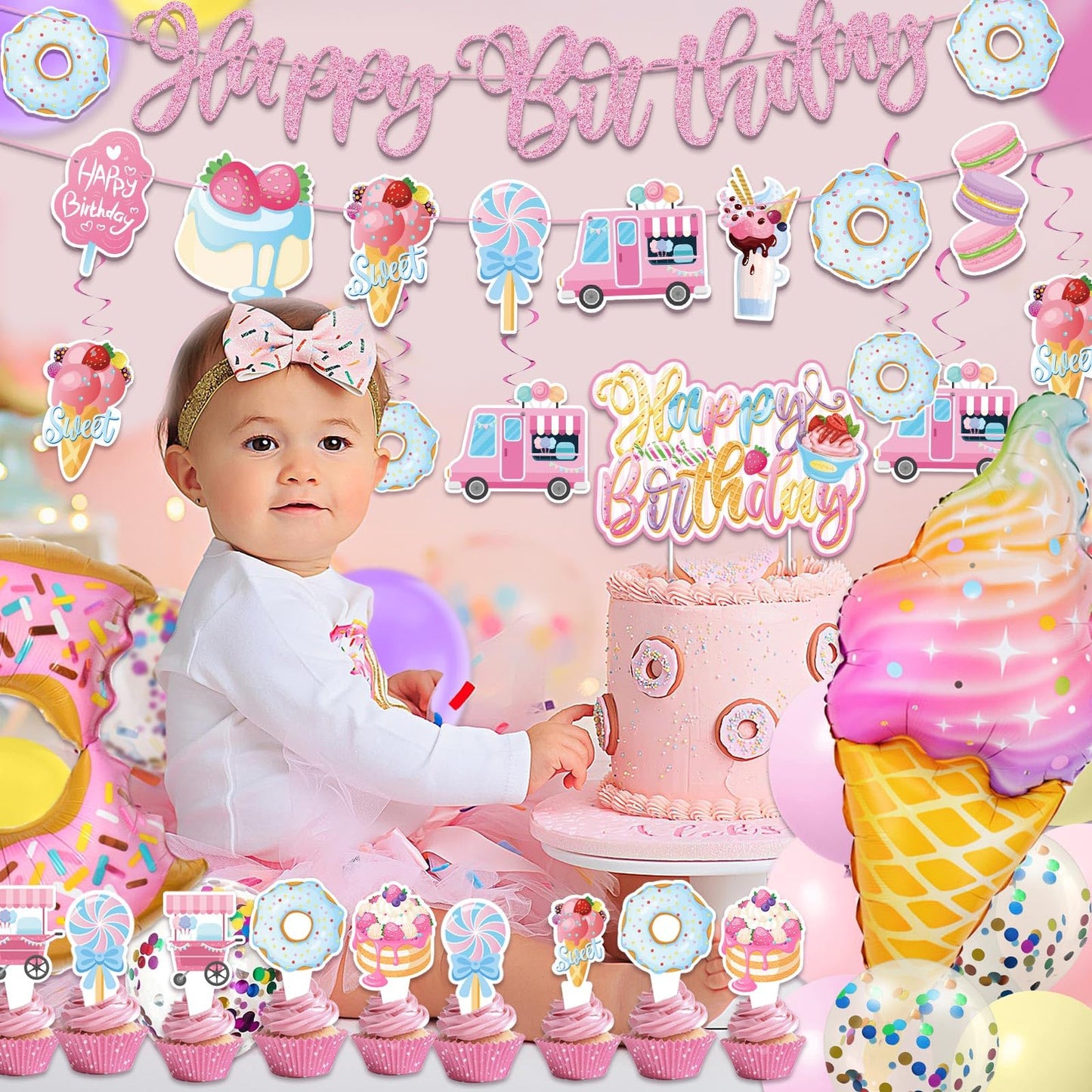 JUYRLE Sweets Birthday Party Decorations for Girls- Pastel Ice Cream Party Supplies, Donut Balloons Happy Birthday Banner Cupcake Topper Candy Theme Birthday for Baby Shower Wedding