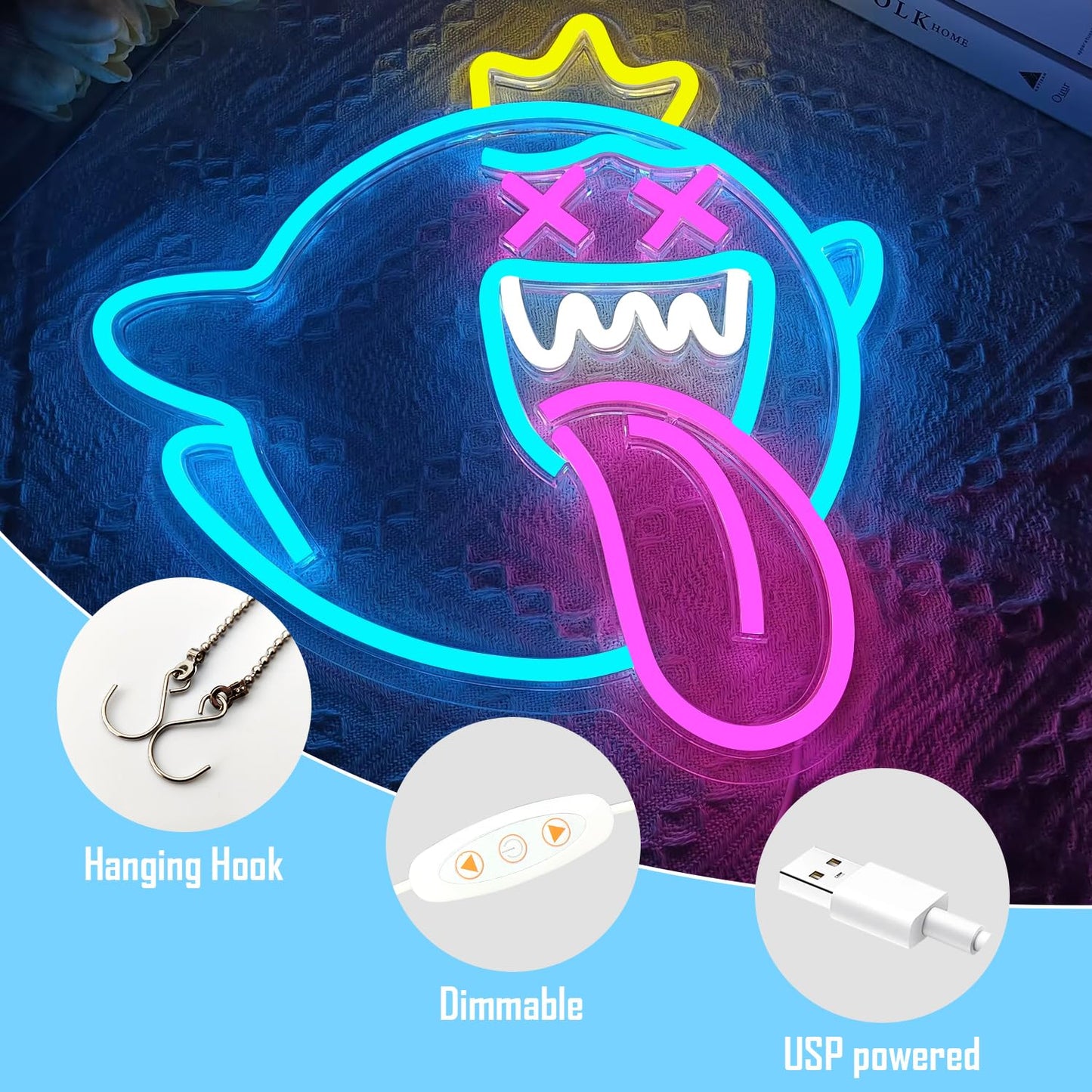 King Boo Neon Sign Dimmable Ghost Face Neon Light for Wall Decor Gamer Light Up Sign King Boo Neon Light for Bedroom Gaming Room Window Led Ice Blue Light Up Sign for Christmas Birthday Gifts Decoration