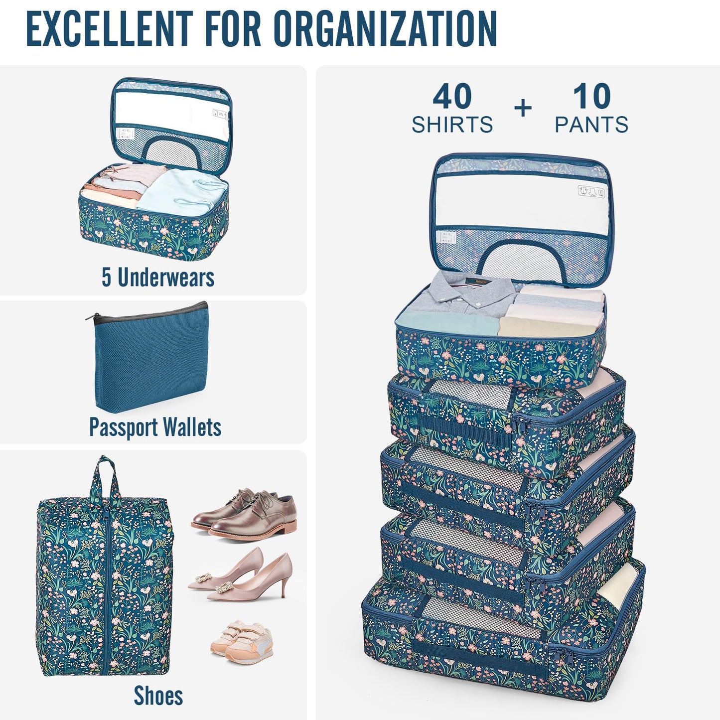 Veken 10 Set Packing Cubes for Travel Essential, Suitcase Organizer Bags in 4 Sizes, Carry-On Luggage Accessories with Large Laundry & Hanging Toiletry Bag, Must-Have for Airplane, Road Trip & Camping