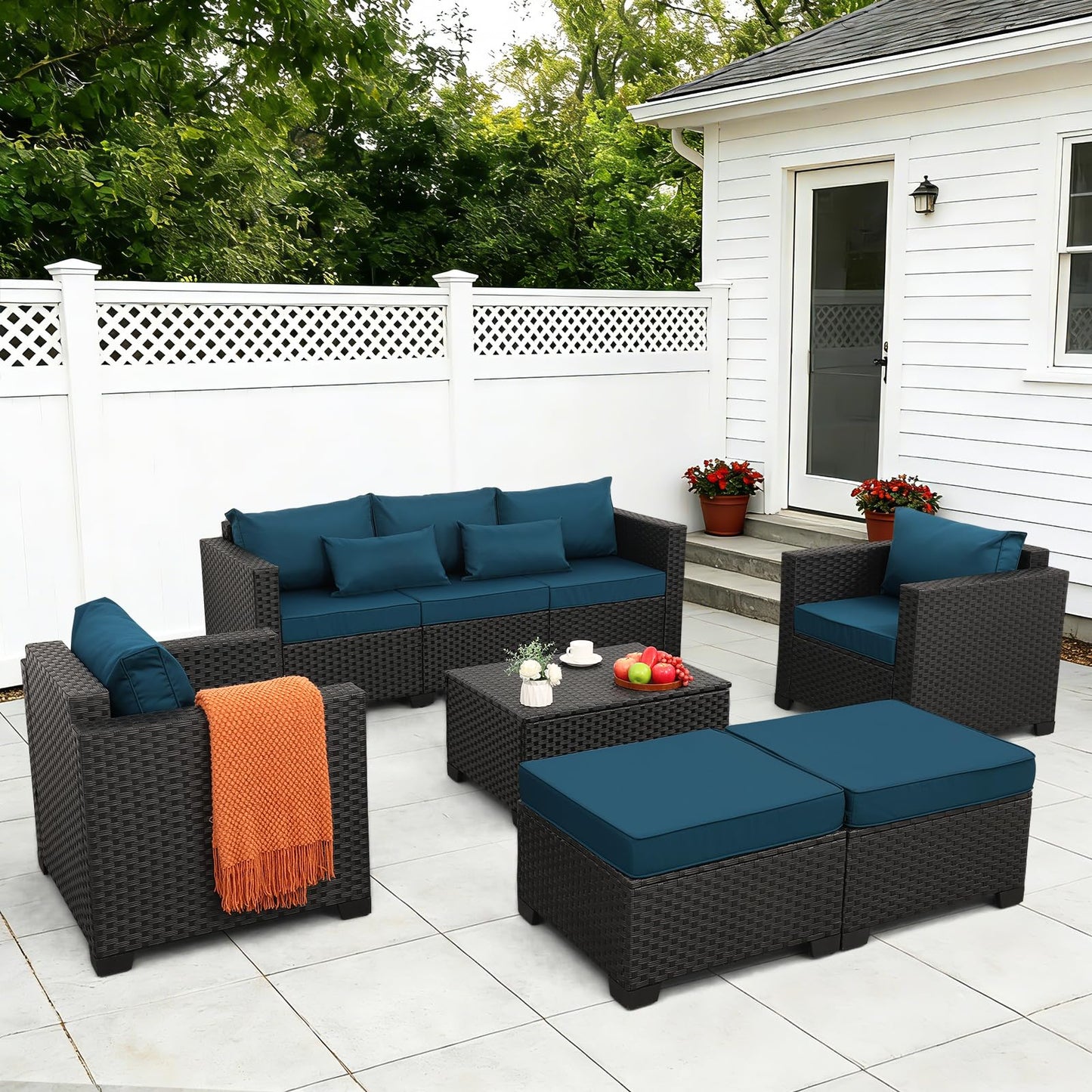 Rattaner Patio Furniture Set 6 Pieces Couch Outdoor Chairs Coffee Table Peacock Blue Anti-Slip Cushions and Waterproof Covers