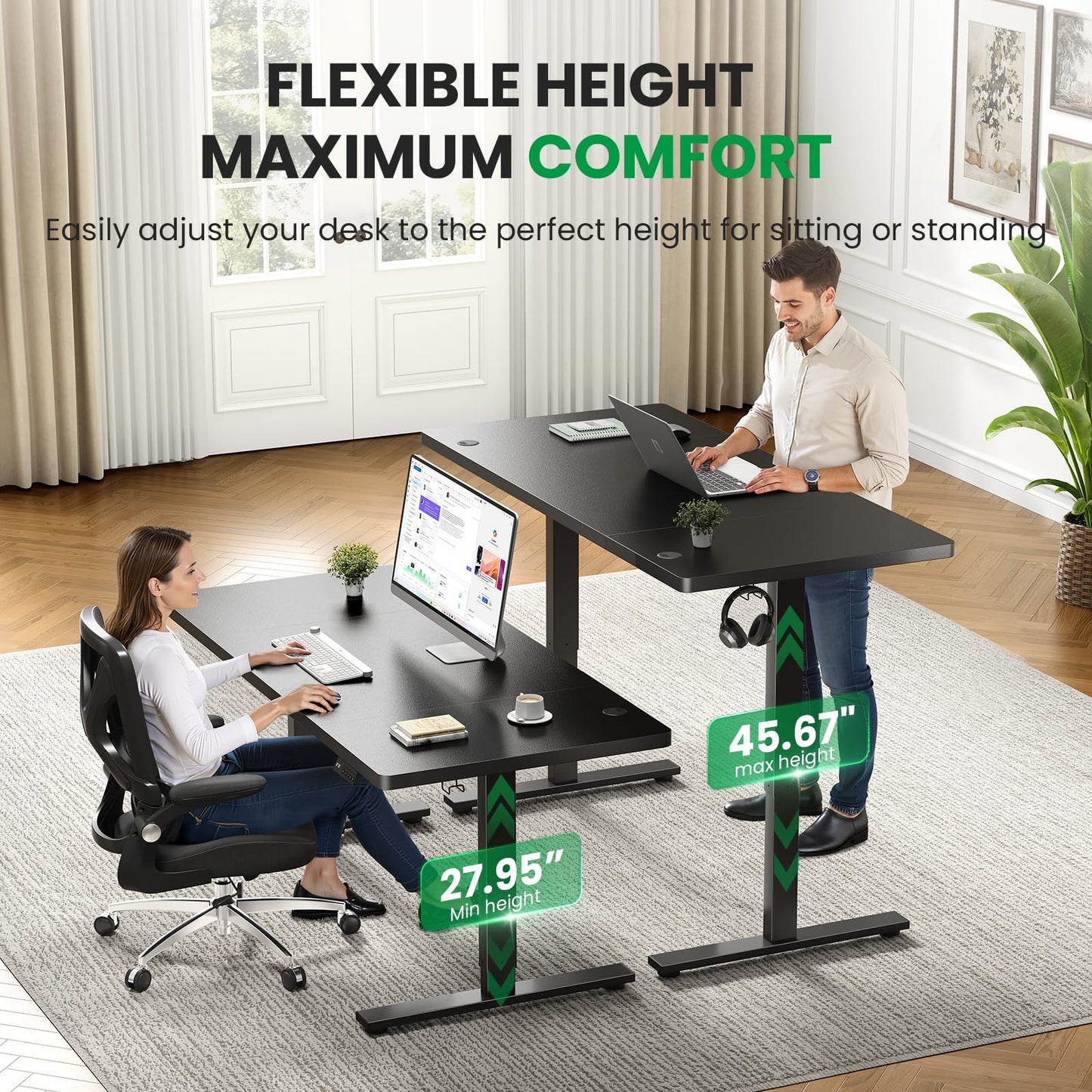 DeskShow Electric Standing Desk Adjustable - 60x28 Inch Sit Stand Desk with 1 Inch Thick Tabletop, Double Beam Frame, 3 Memory Height Adjustment, Cable Management for Home Office