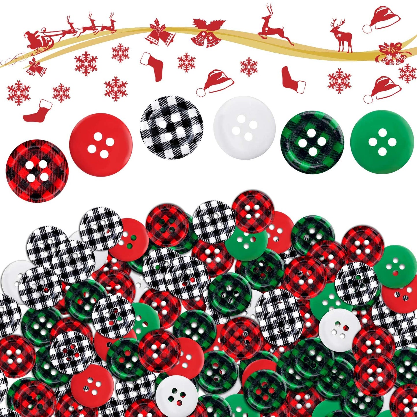 PAGOW 210Pcs Christmas Wooden Buttons, Buffalo Plaid Round Black Red White Green Buttons, 4 Holes Plaid Craft Buttons Bulk for Sewing DIY Decorations