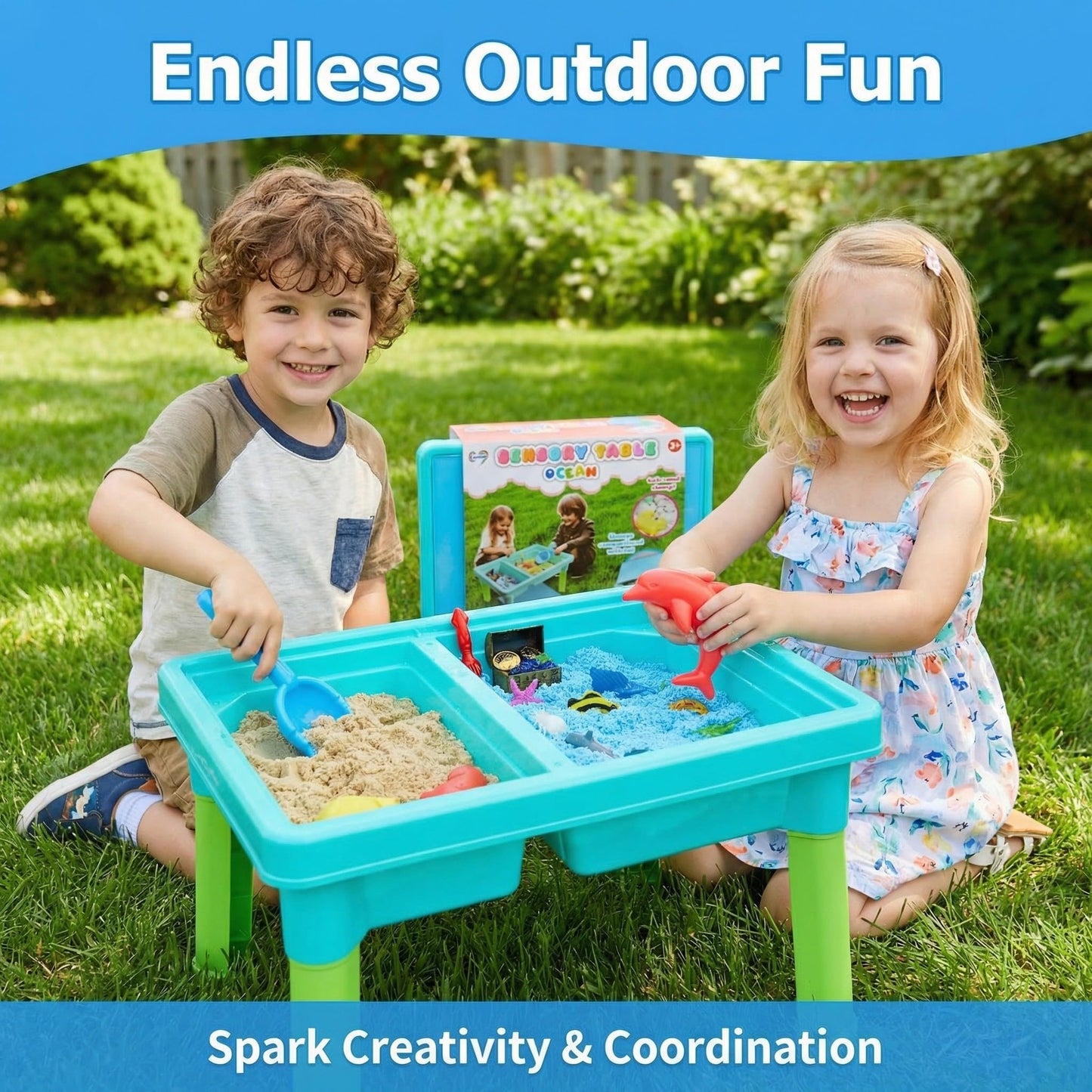 Carolart Ocean Sensory Table with Sands, Bin with Lid, Indoor Outdoor Use, Sand Art Kit for Boys and Girls, Toys for Toddlers Age 3-5, 17x11.5x10.2 Inches