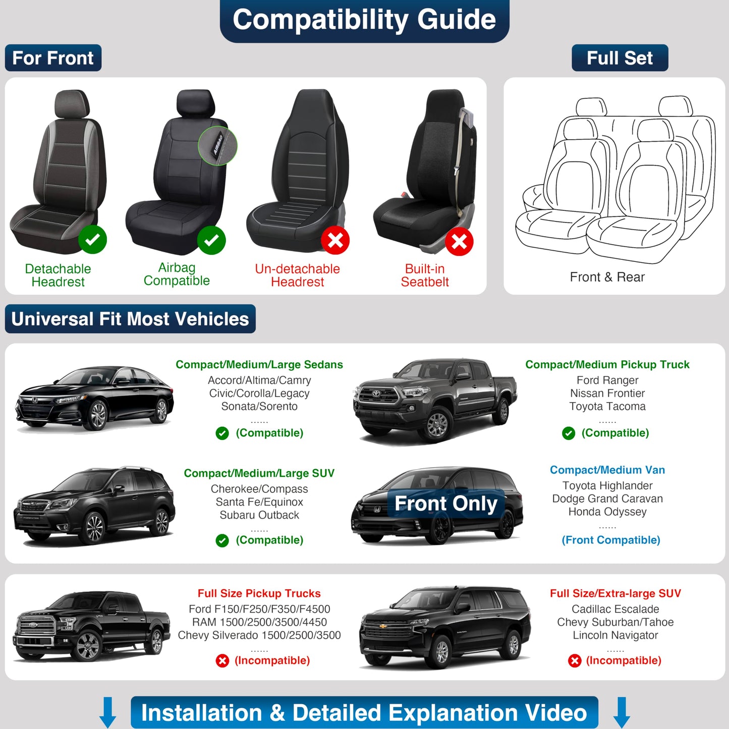 OASIS AUTO Car Seat Covers Full Set, Waterproof Faux Leather Seat Covers for Cars Universal Fit for SUV, Truck, Sedan, Black Premium Car Seat Protector with Front & Back Cushions