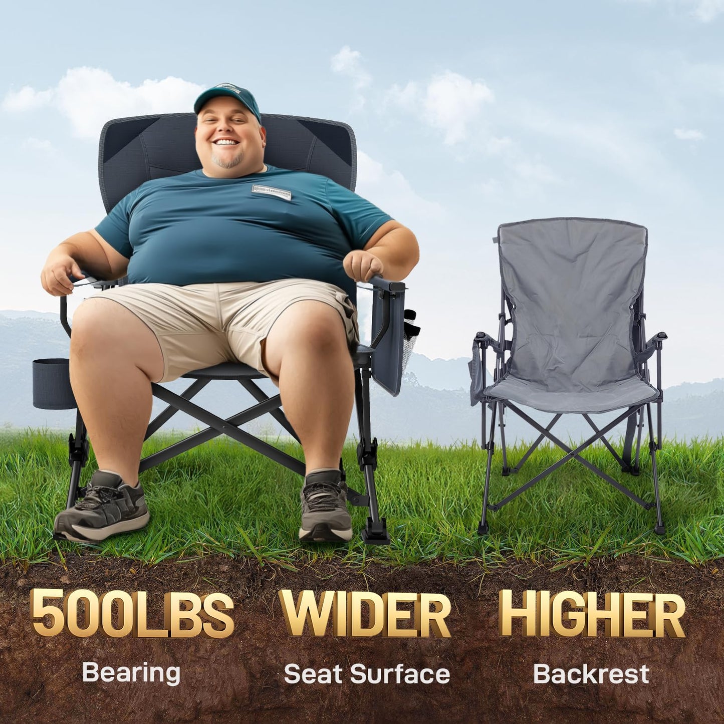 EVER ADVANCED Oversized Folding Camping Chair, for Adults Heavy Duty Lawn Chair with Side Pockets, Portable Collapsible Quad Chair for Outside, Support Up to 500lbs, Grey