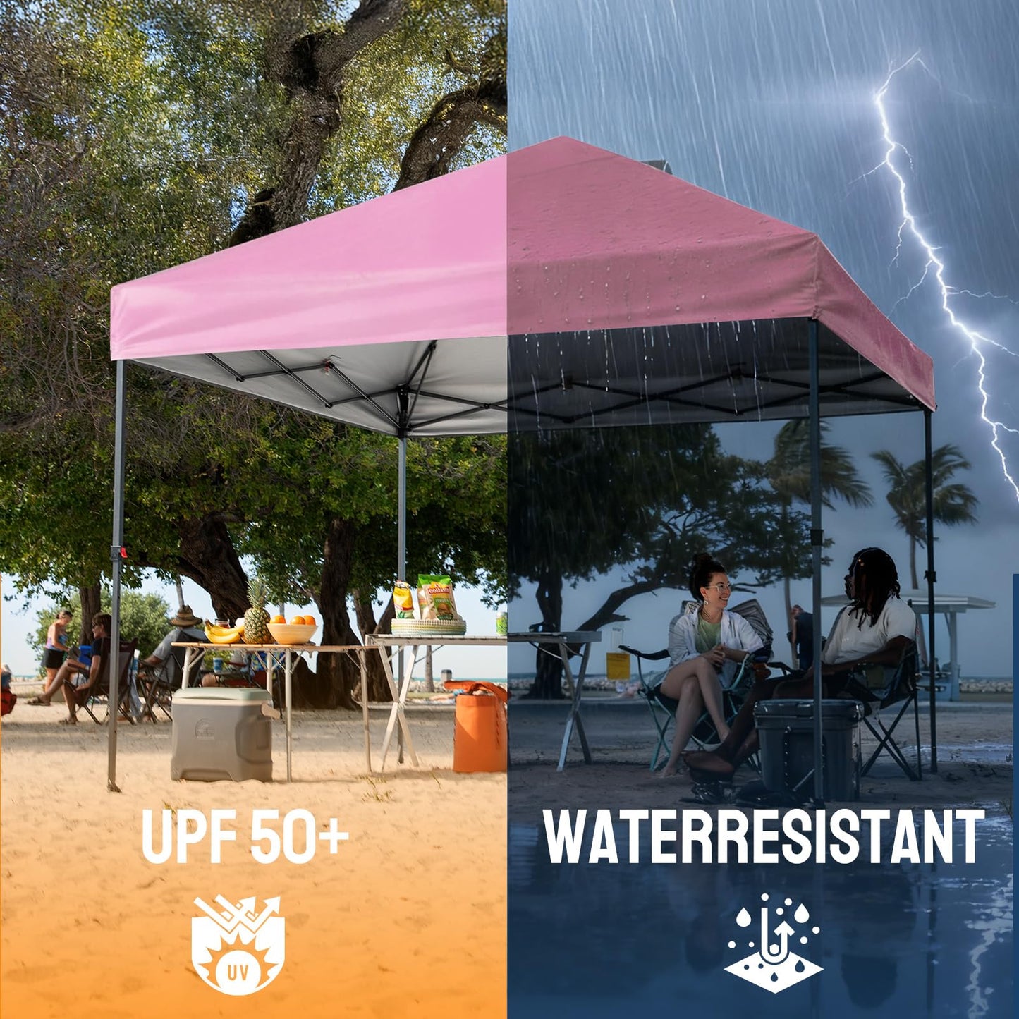 CROWN SHADES 10x10 Pop Up Canopy Tent - Patented Center Lock One Push Instant Outdoor Canopy Beach Tent with STO-N-Go Bag 8 Stakes & 4 Sand Bags，Pink