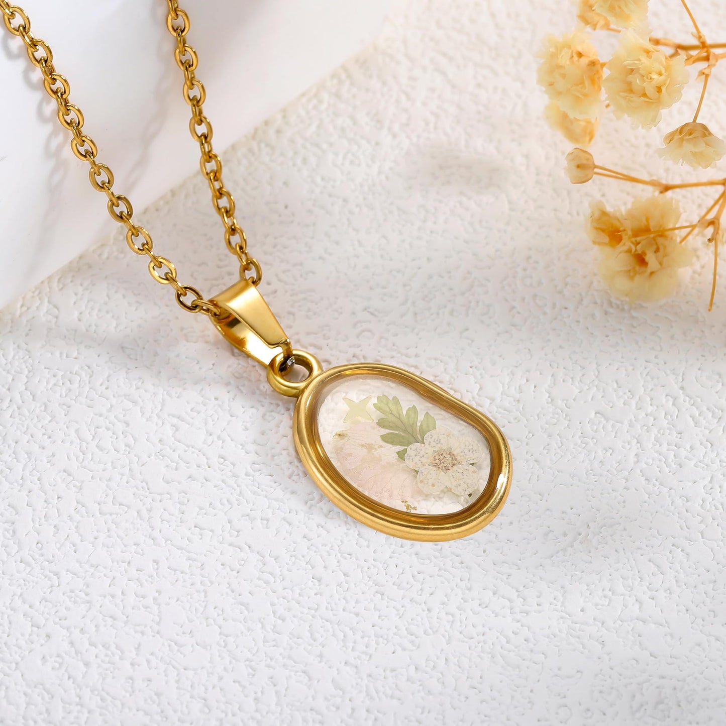 LETFLY Birth Flower Necklaces for Women, 18K Gold Plated Oval Shaped Handmade Floral Pendant, Pressed Flower Necklace Jewelry Gifts Love