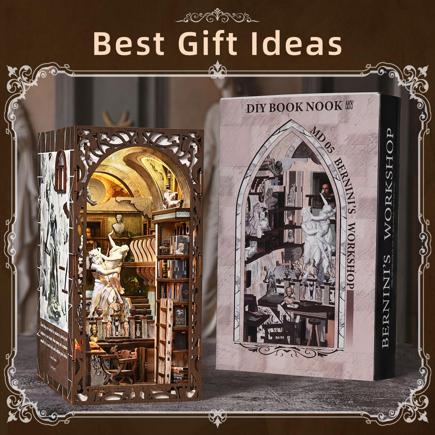 CCCDF DIY Book Nook Library Kit, Miniature Dollhouse Booknook Kit, 3D Wooden Puzzle Bookend Bookshelf with LED Light for Teens and Adults (Bernini's Sculpture Workshop)