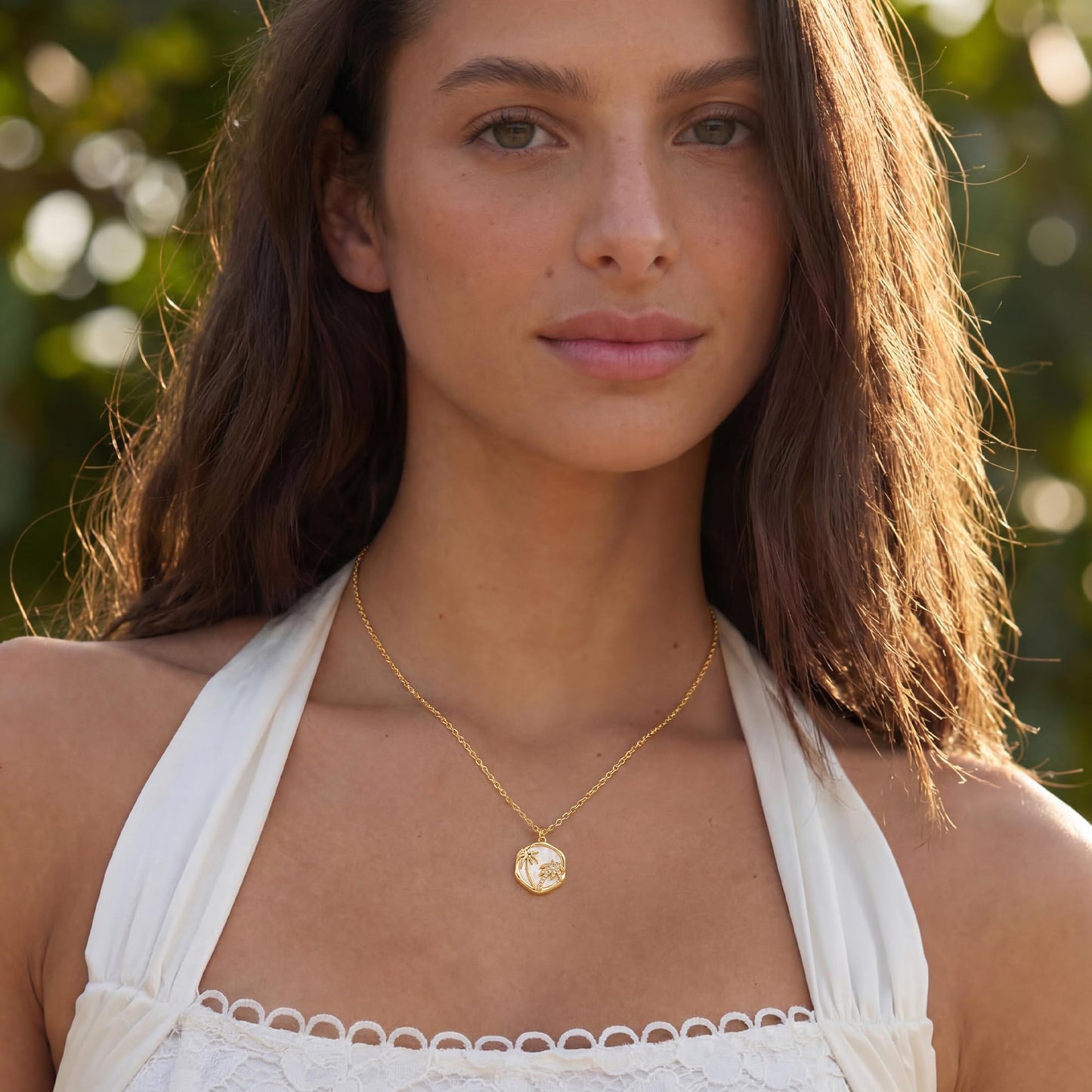 MYEARS Women Gold Necklace Coconut Tree Coin Pendant White Mother of Pearl Cubic Zirconia 14K Simple Dainty Thick Chain Everyday Summer Beach Jewelry
