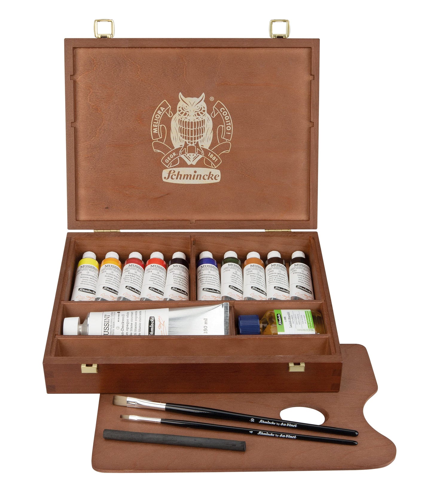 Schmincke - MUSSINI® Finest Resin Oil Colors Premium Wooden Box Oil Painting, 10 x 35 ml Set, 70 213 097, Walnut Tinted, White 150 ml