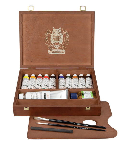 Schmincke - MUSSINI® Finest Resin Oil Colors Premium Wooden Box Oil Painting, 10 x 35 ml Set, 70 213 097, Walnut Tinted, White 150 ml