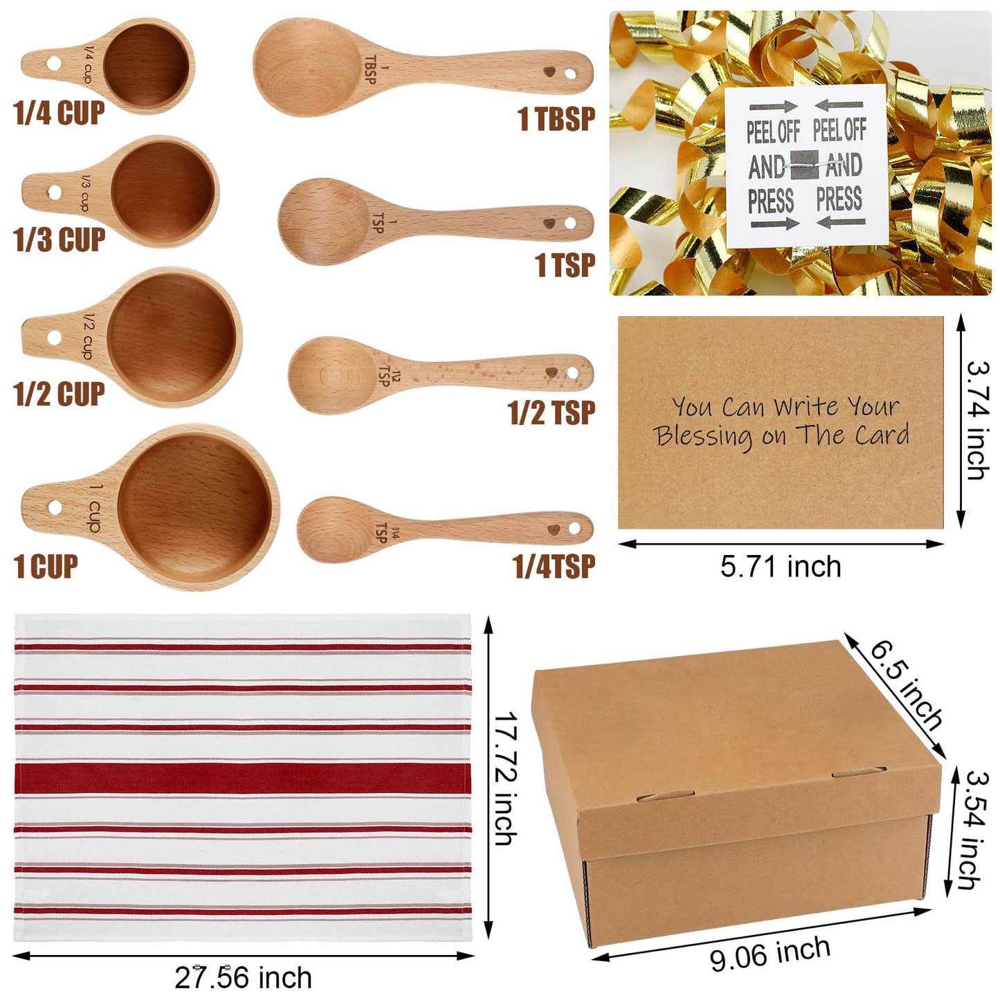 Reallnaive 14 Pcs Christmas Wooden Baking Gift Set - Wooden Measuring Cups and Spoons, Baking Towel, Greeting Card, Self-adhesive Curly Bows for Women, Dry Measuring Ingredient Christmas Kitchen Gift