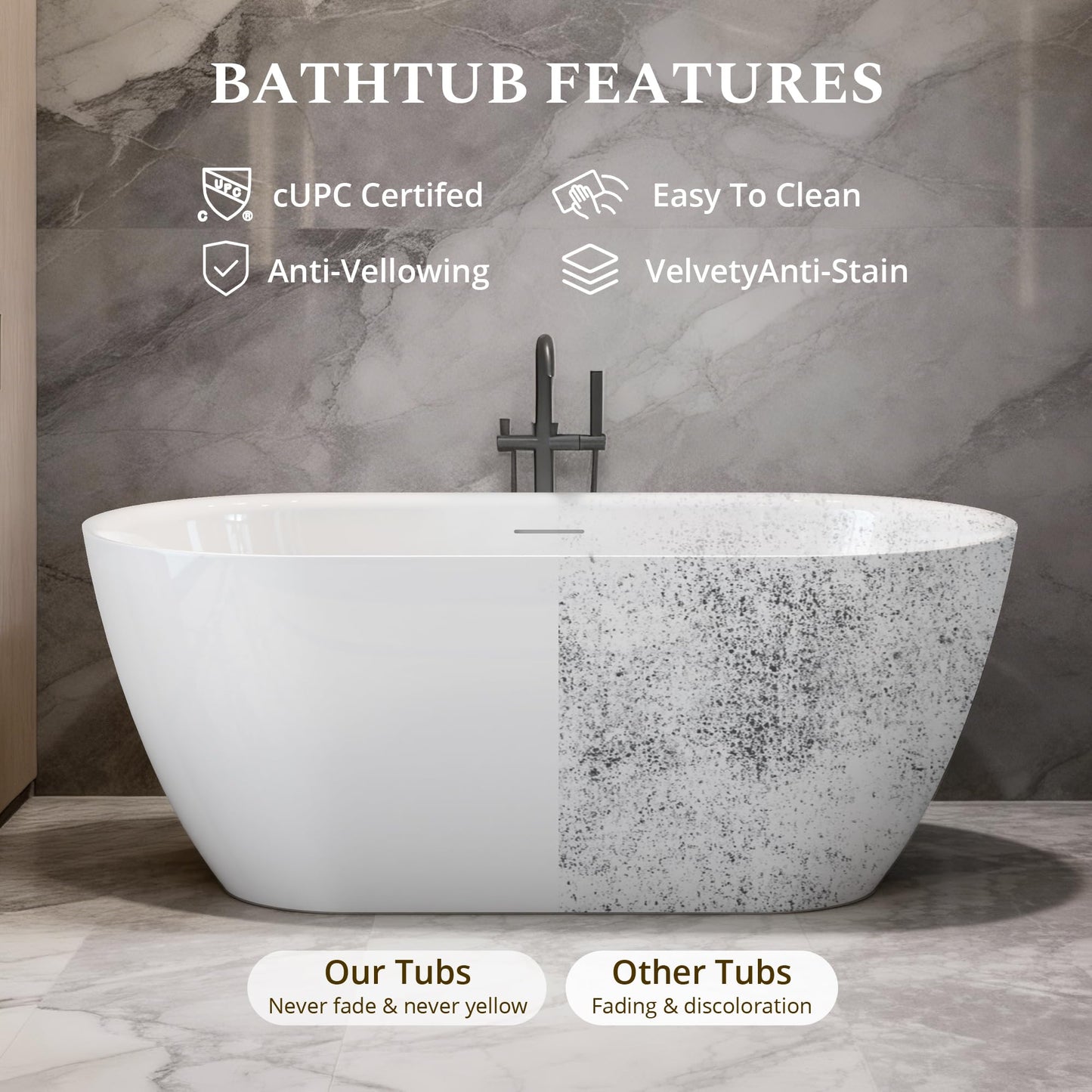 59" Freestanding Bathtub, Modern Oval Acrylic Soaking Tub with Overflow & Pop-up Device Function, cUPC Certified Deep Standalone Tub, Double-Walled Insulation, White