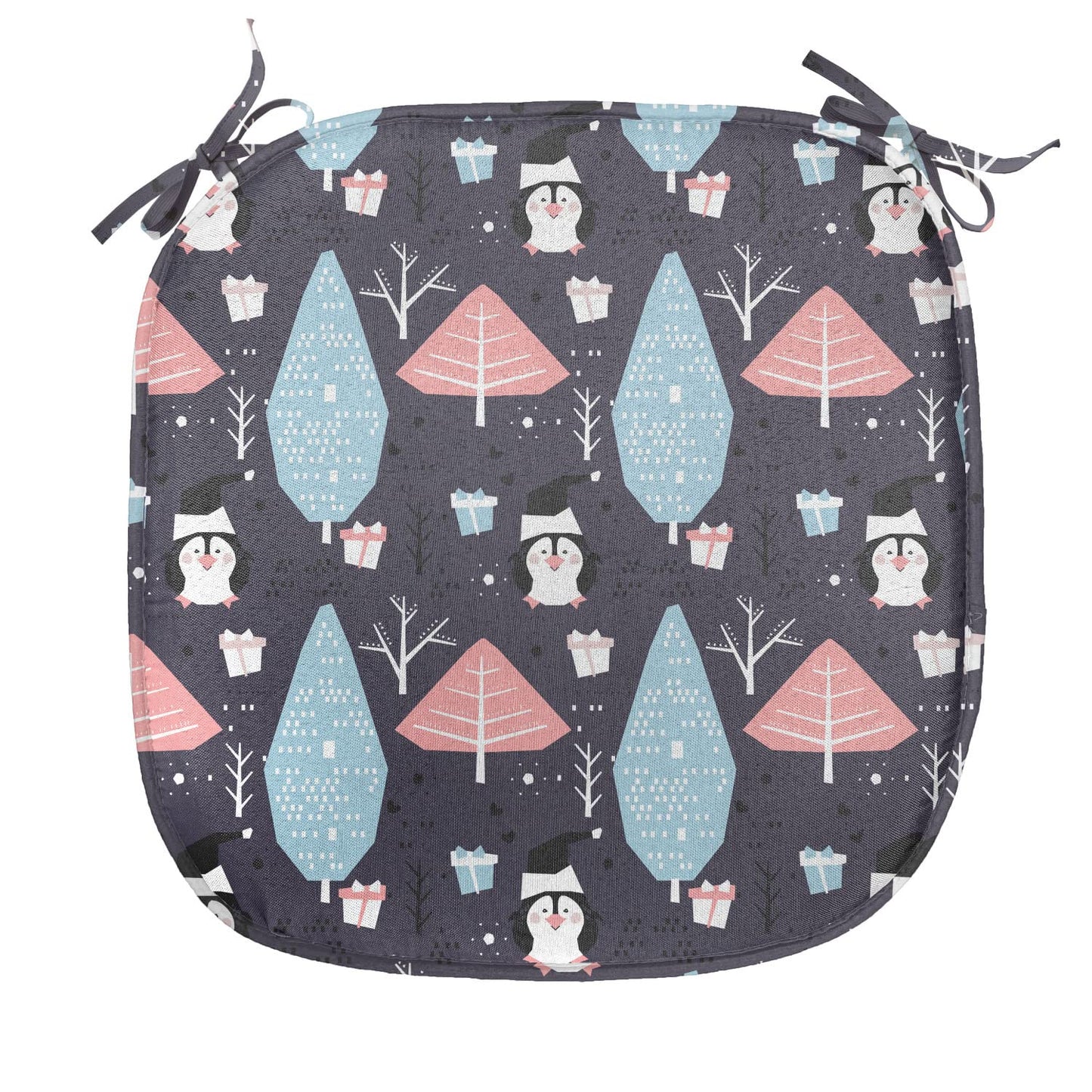 Lunarable Christmas Chair Seating Cushion, Winter Trees and Penguins with Gift Boxes Noel Happy New Year Theme, Anti-Slip Seat Padding for Kitchen & Patio, 16"x16", Pale Blue Pastel Pink
