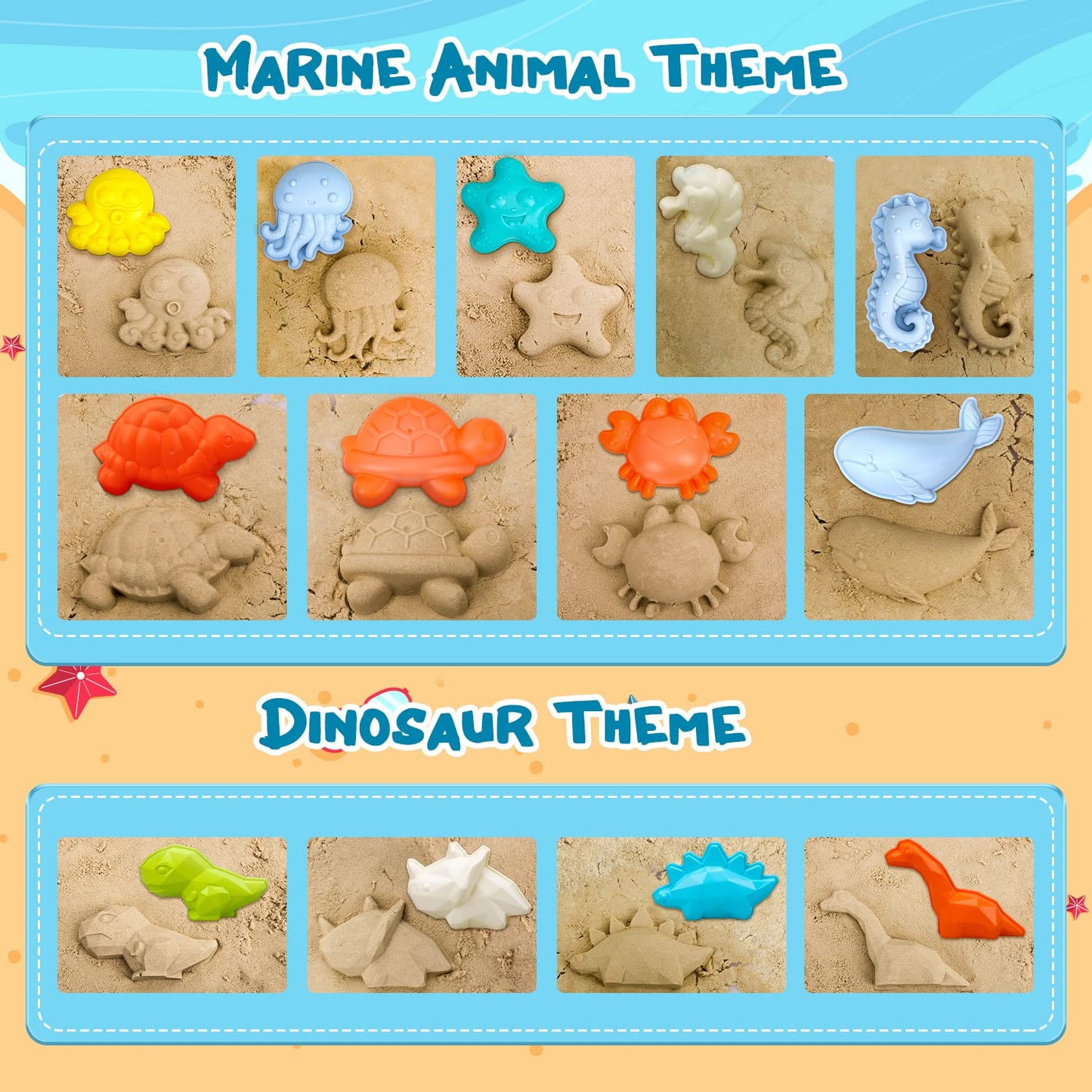 TOY Life 29 Pcs Dinosaur Beach Toys Sand Toys Toddlers with Castle Bucket Shovels & Sand Castle Building Kit Molds, Sandbox Toy Travel, Beach Party, Fishing, Summer Toy Activities