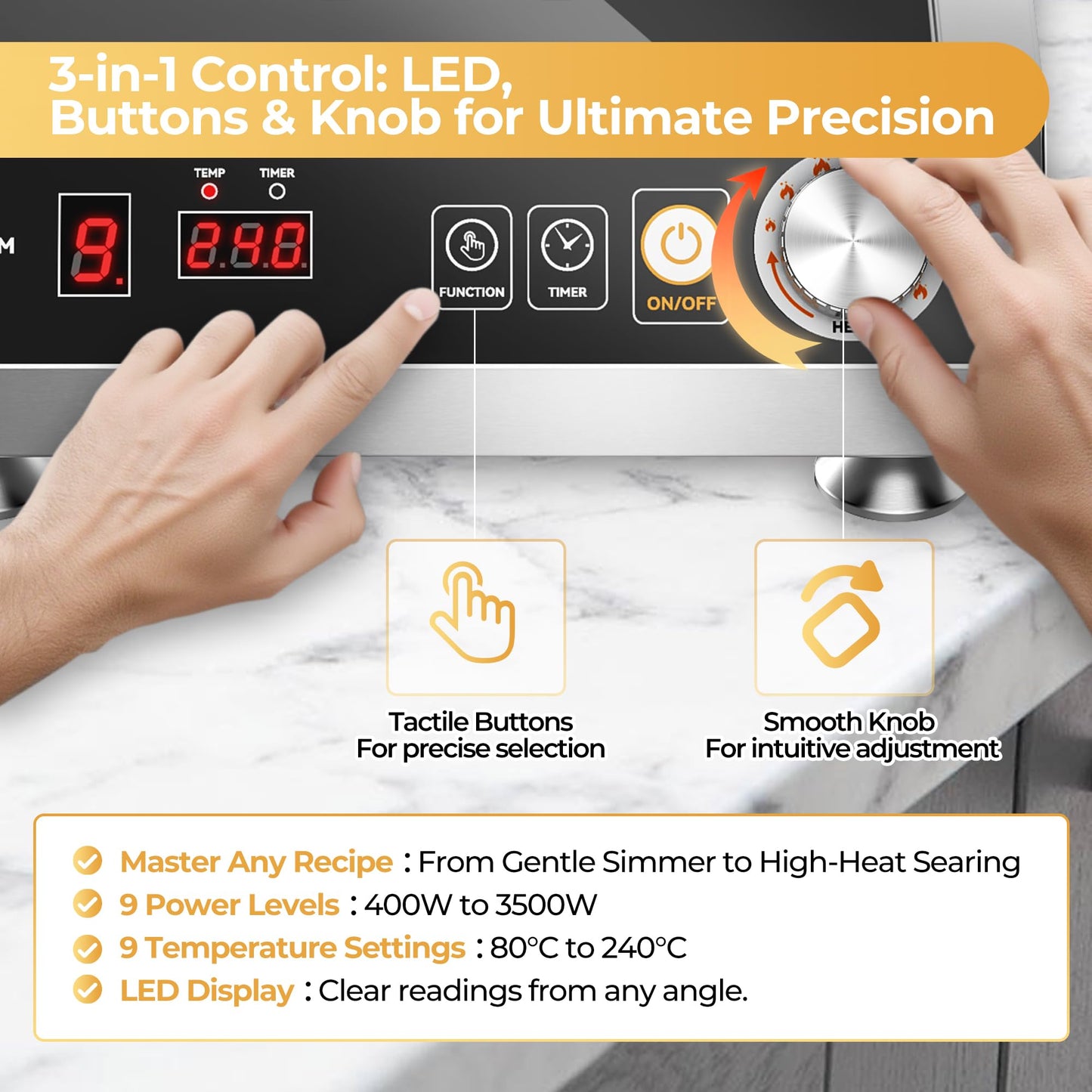 VESTIVIUM Commercial Induction Cooktop 3500W/220V, Professional Portable Countertop Burner, 9 Power/Temp Levels Dual Cooling Fans IPX4 Waterproof 72H Continuous Use, Overheat Protection