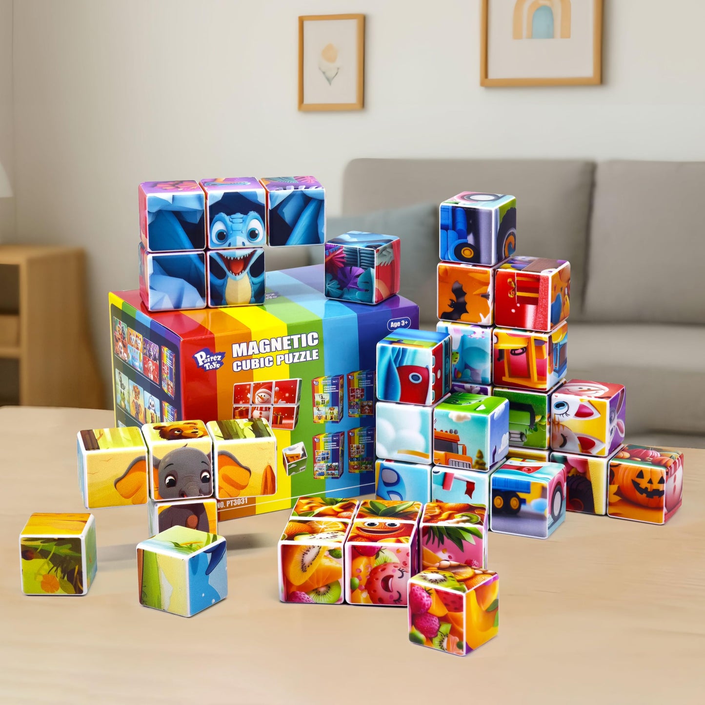 Pairez Toys Magnetic Blocks Toys for Toddlers, Pack of 6 Random Themed Puzzles Bundle, Total 36 PCS of Blocks in 36 Patterns, Magnetic Tiles for Kids Ages 3-5, Preschool STEM Educational Sensory Toys