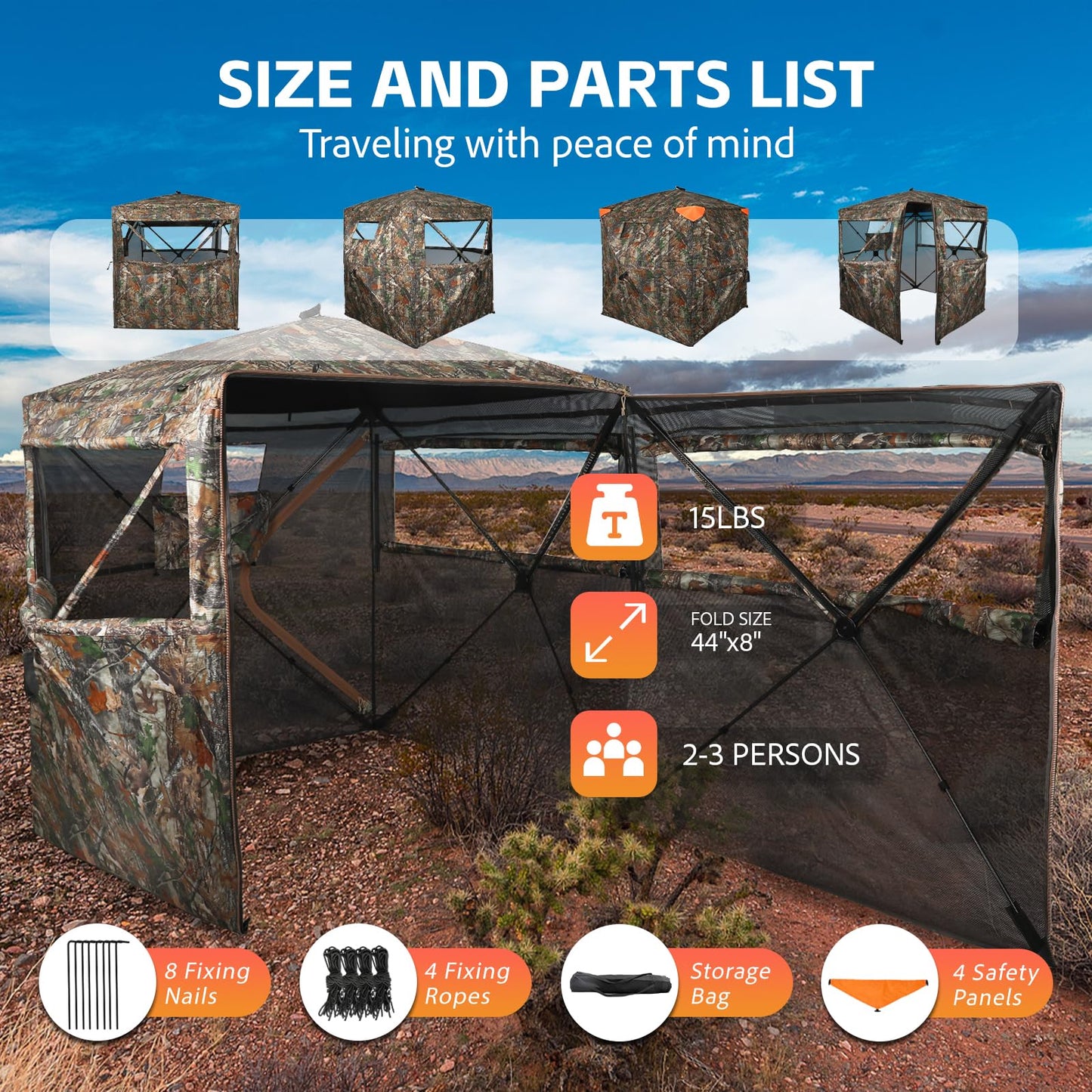 FUNHORUN Hunting Blind 360 Degree See Through Double Door Ground Blind for Hunting, 2/3 Person Pop Up Portable 58" Camouflage Deer/Turkey Tent with Blaze Orange Panels