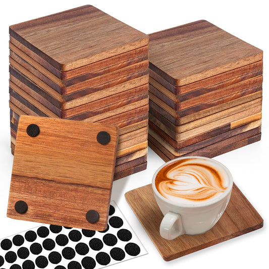 32 Pieces Unfinished Wood Coasters, 4 Inch Square Acacia Wooden Coasters for Crafts with Non-Slip Silicon Dots for DIY Stained Painting Wood Engraving Home Decoration