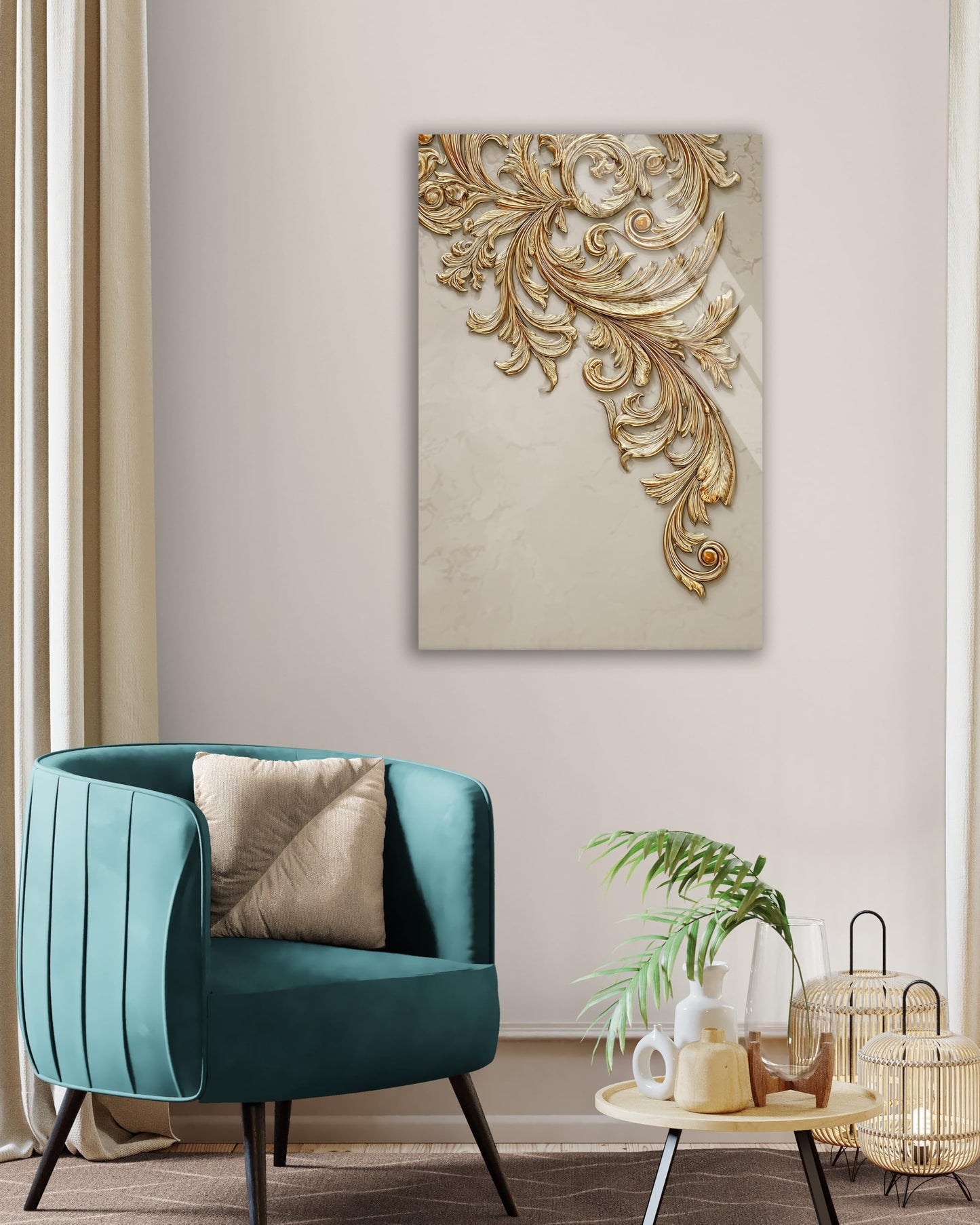Elegant Gold Baroque Wall Art - Luxury 3D Acanthus Tempered Glass Print - Victorian Style Home Decor - Sophisticated Ornate Scrollwork Panel for Living Room, Bedroom & Office - Modern Glass Art Decor