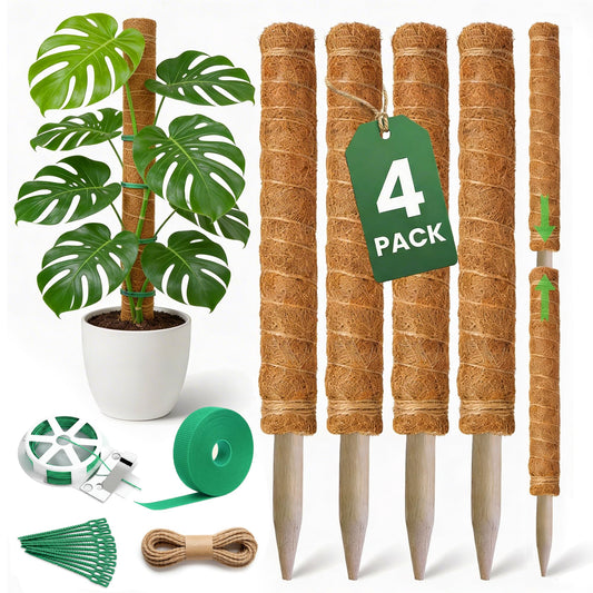 4 Pack 16" Moss Pole Monstera Plant Support - Stackable up to 48" - Plant Stakes for Indoor Climbing Plants Potted - Tall Coco Coir Pole Sticks & Accessories for Monstera, Pothos & Philodendron