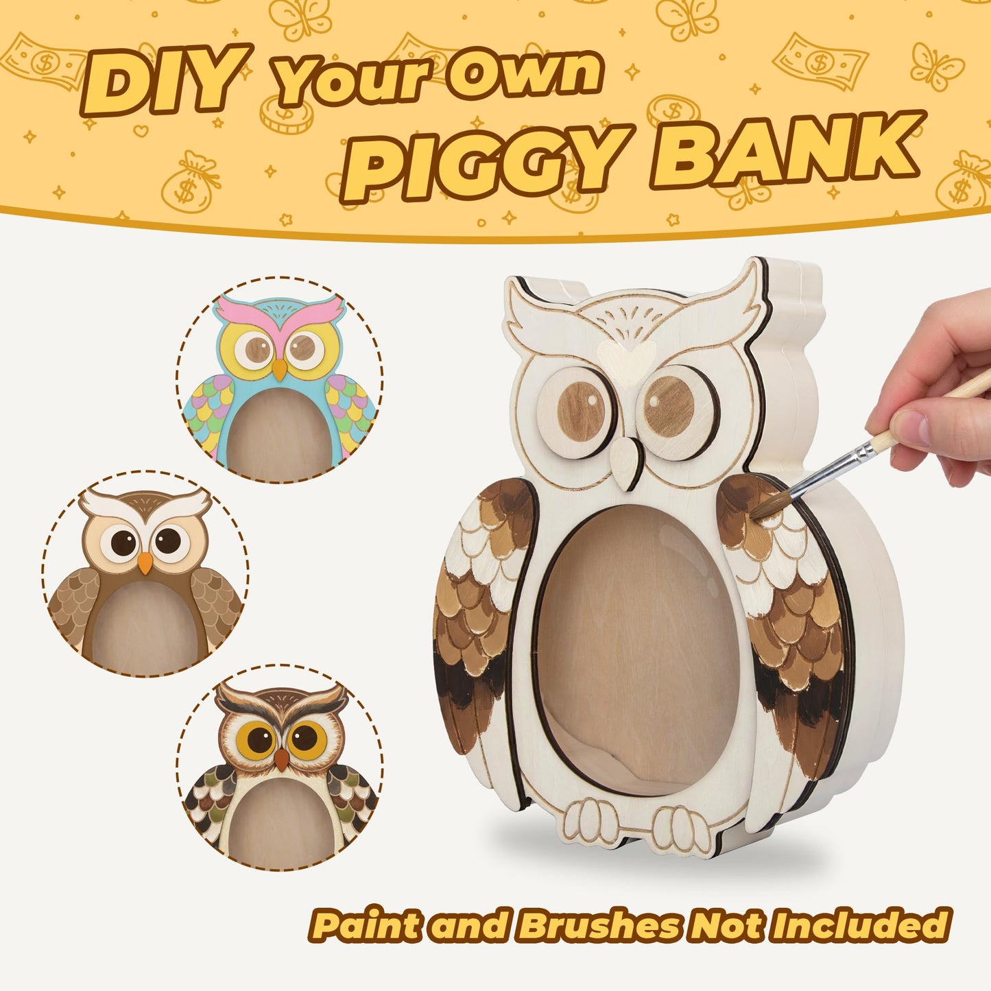 Owl Piggy Bank for Kids, Paint Your Own DIY Owl Bank with Clear Window, Wooden Savings Box for Coins and Bills, Room Decor Gift