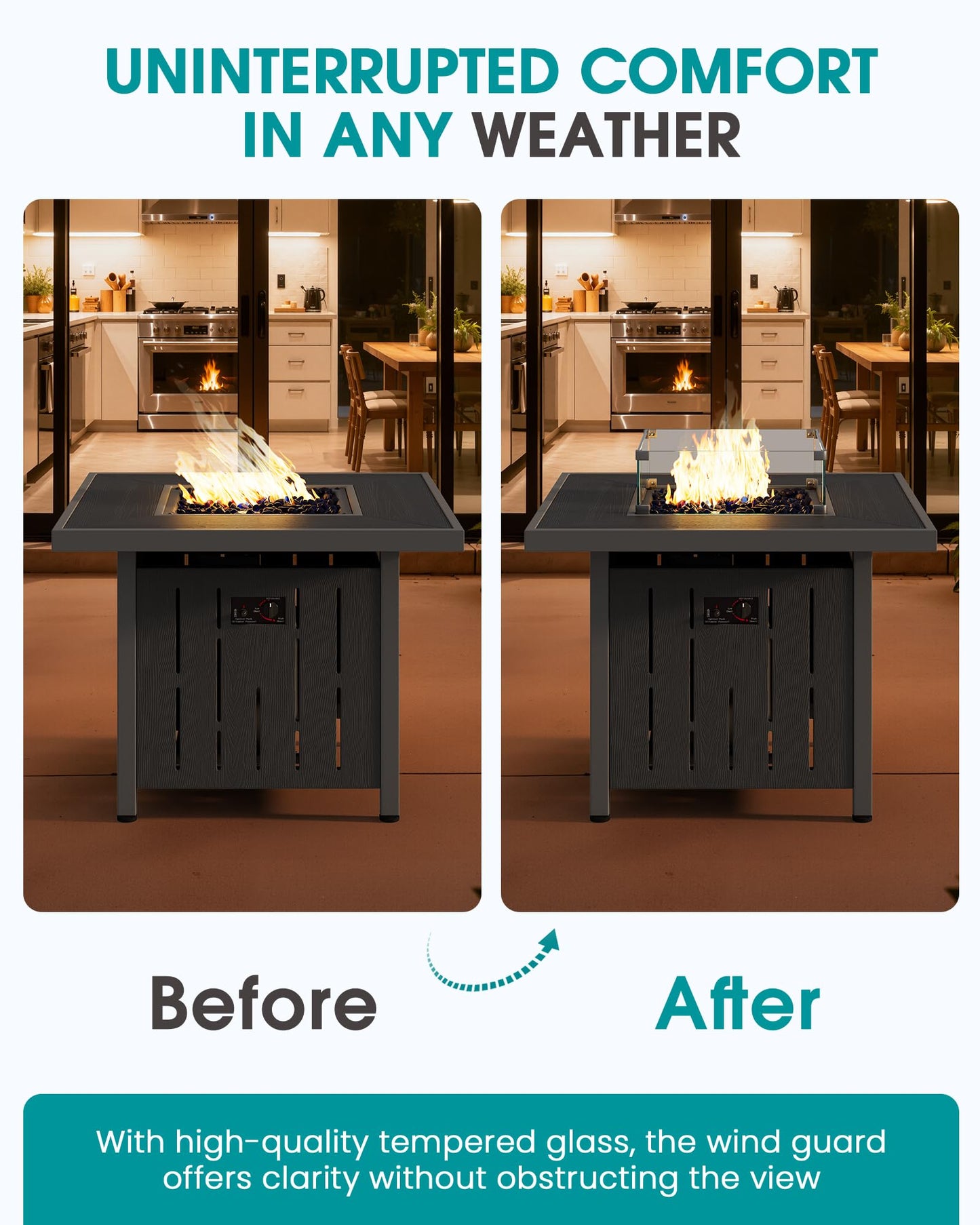 SERWALL 33" Outdoor Fire Pit Table, 50,000 BTU Square Propane Fire Pit Table with Lid, Glass Rock & Glass Wind Guard, HDPE Outdoor Furniture for Patio, Garden, Backyard, Black