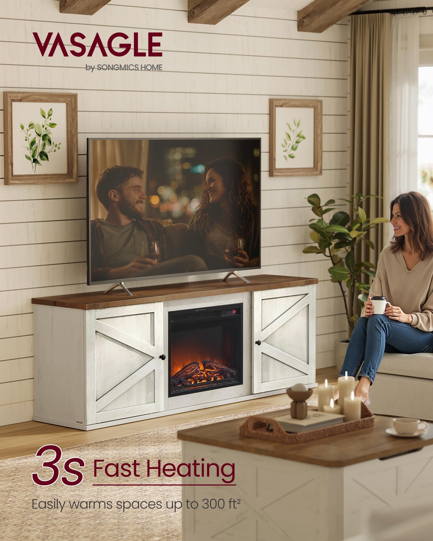 VASAGLE Fireplace TV Stand for TVs up to 80 Inches, 18-Inch ELectric Fireplace with Remote, Farmhouse Entertainment Center, Media Console Table for Living Room, Rustic White and Honey Brown ULTV541W01