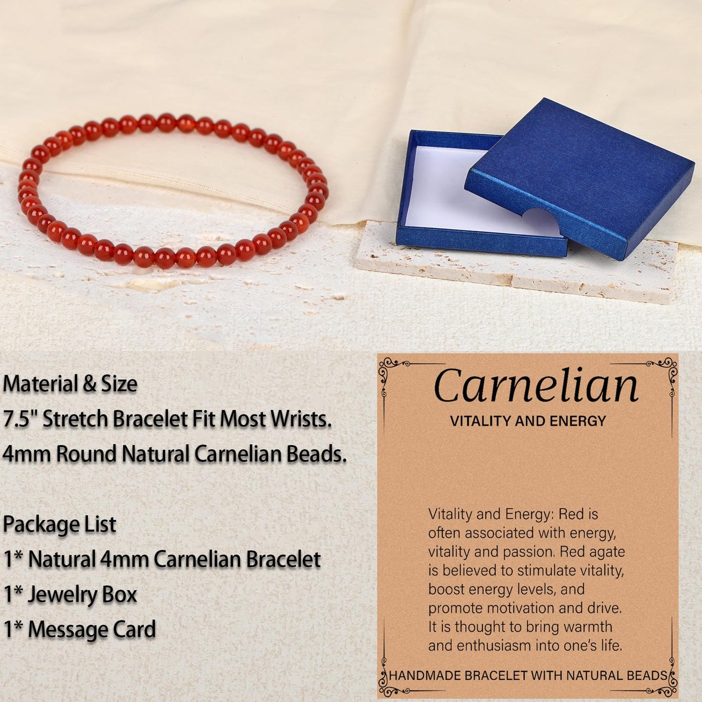 LPBeads Handmade Natural Gemstone Stretch Elastic 4m Carnelian Bracelet Healing Crystal Round Stone Beads Jewelry Gifts for Women Men