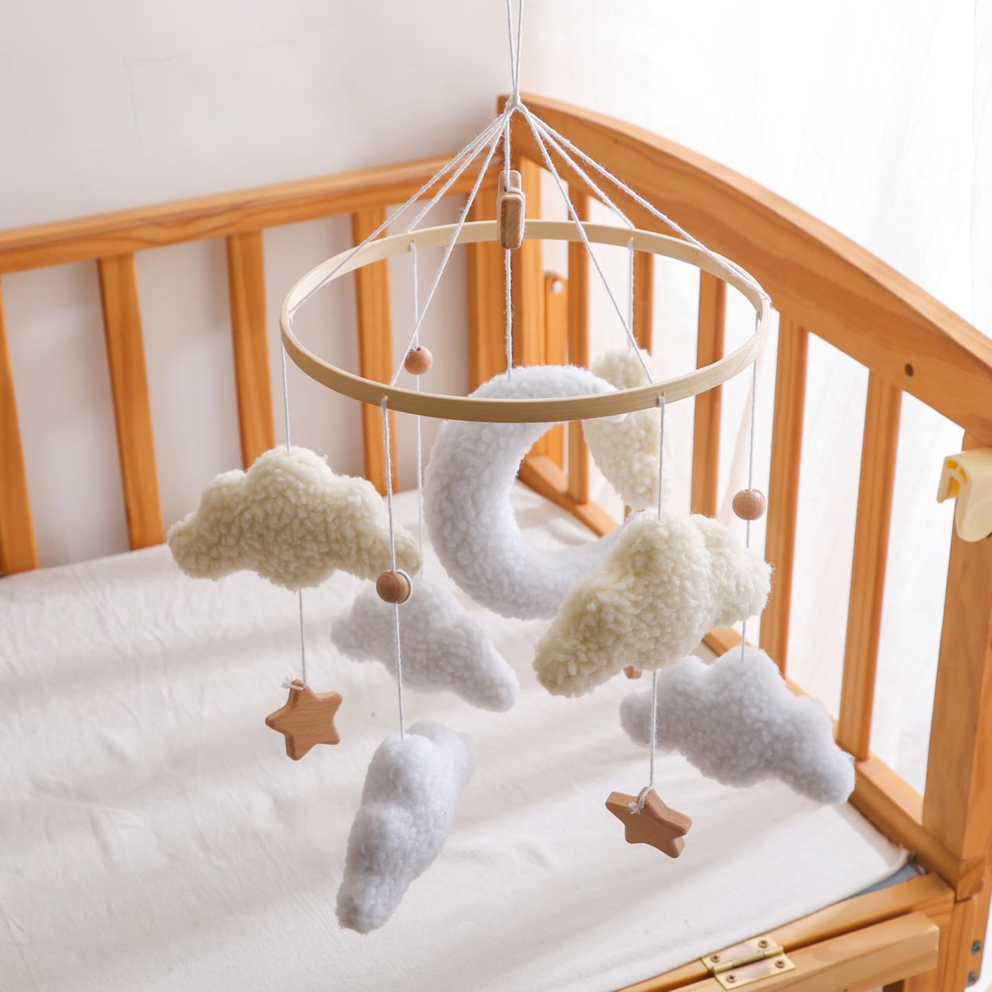 Baby Mobile for Crib – Handmade Moon & Cloud Baby Crib Mobile with Plush Sherpa Texture, Nursery Mobiles Felt Hanging Toy with Beech Wood Ring, Mobile for Crib Neutral Bassinet Baby Decor Gift