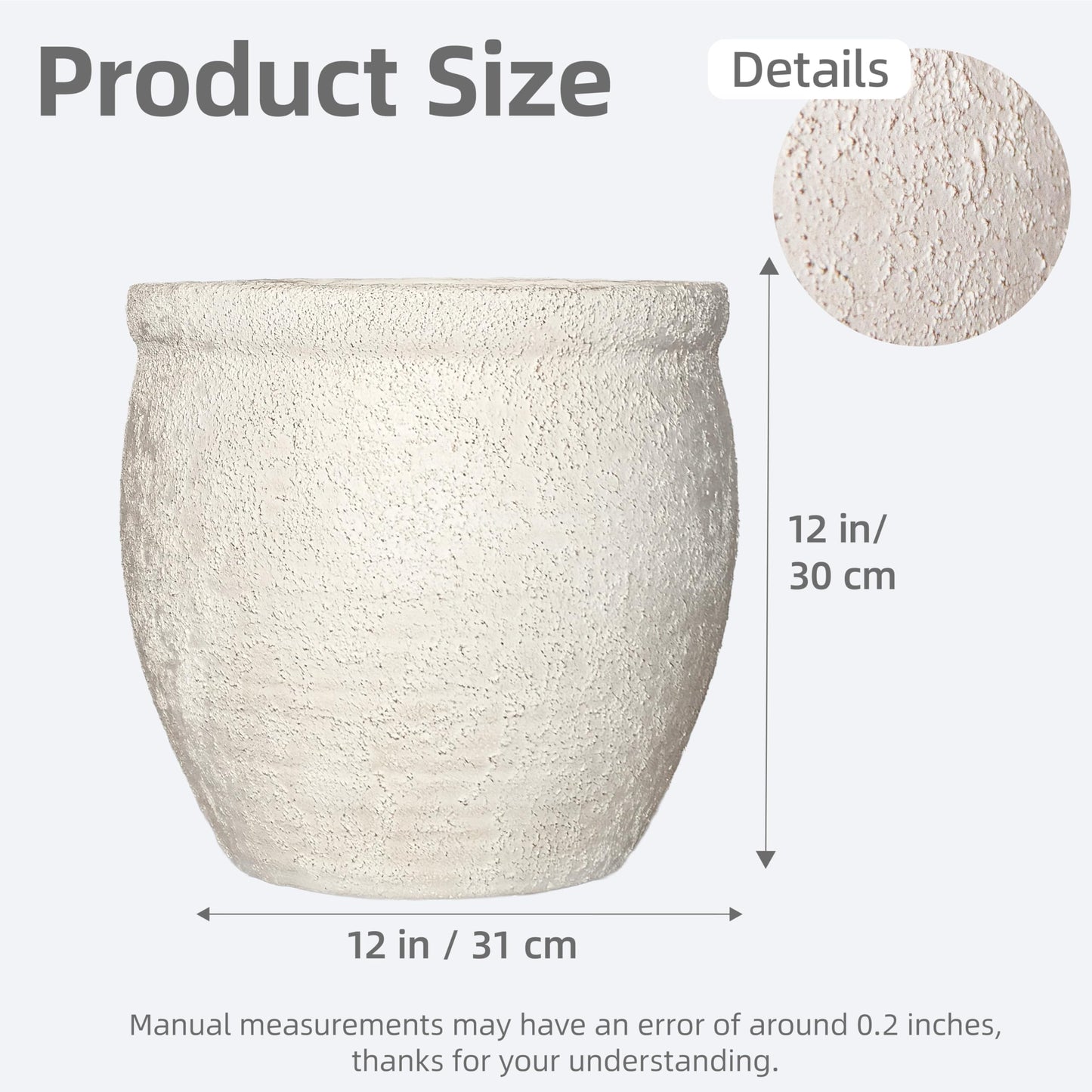 Haispring 12" Dia Fiberstone Planter – Modern Farmhouse Indoor/Outdoor Flower Pot, Beige Container with Grainy Matte Texture & Built-in Drainage Hole | Decorative Pot for Patio, Porch, Garden