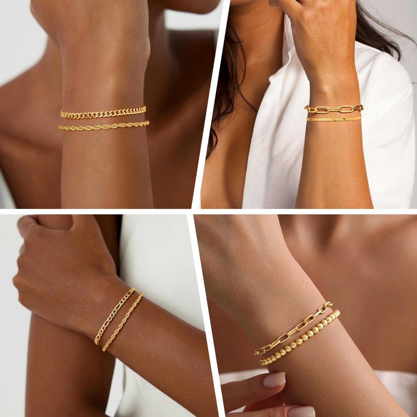 Mujahid Waterproof Gold Plated Bracelets Set for Women Trendy, Dainty 14K Gold Jewelry Fashion Stackable Tennis Beaded Figaro Herringbone Paperclip Link Bracelet Pack Stack Gifts for Women,Never Fade