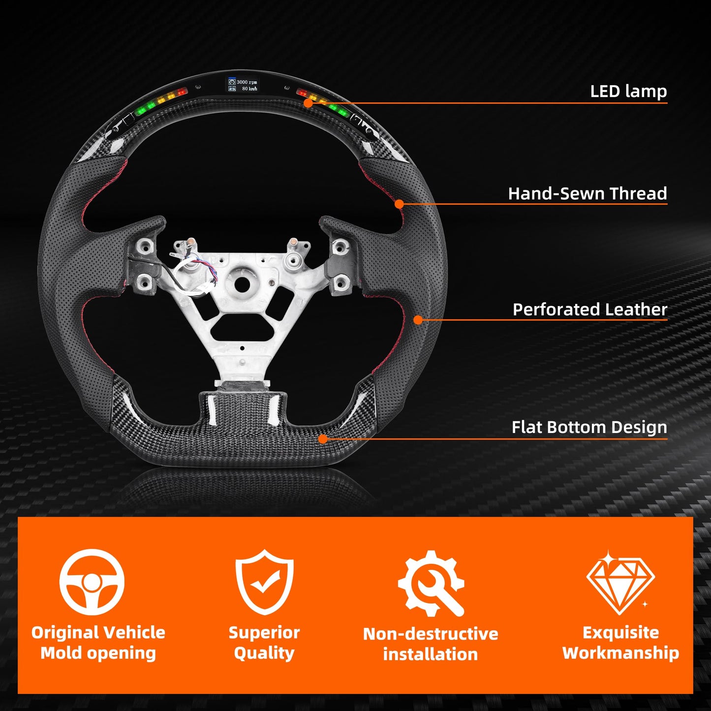LED Carbon Fiber Steering Wheel for Infiniti 2003-2009 G35 LED Display Indicator D-Shaped Flat Bottom Anti-Slip Perforated Leather for G35 Steering Wheel