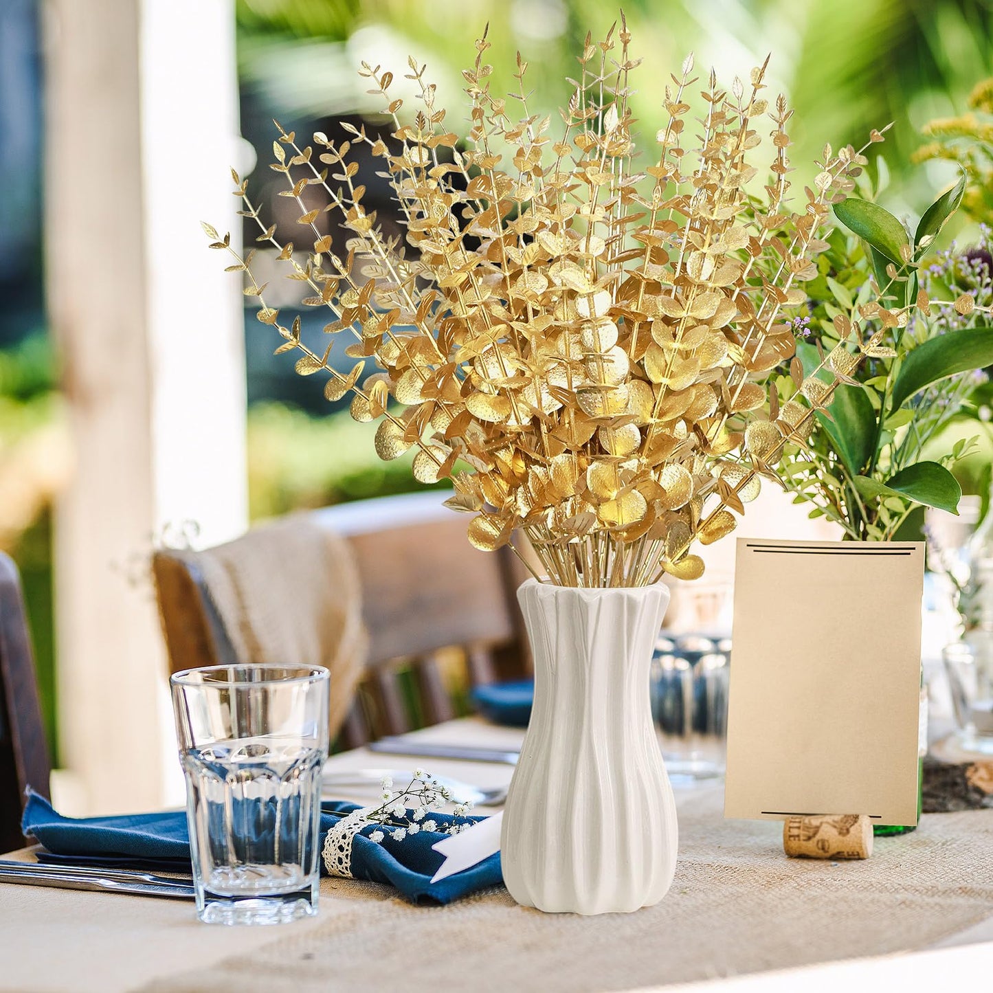 ABYCZFCD 50 Pcs Gold Flowers Gold Eucalyptus Leaves Stems 15'' Faux Eucalyptus Leaves Decor Fake for Wedding Party Bouquet House Home Farmhouse Vase DIY Craft