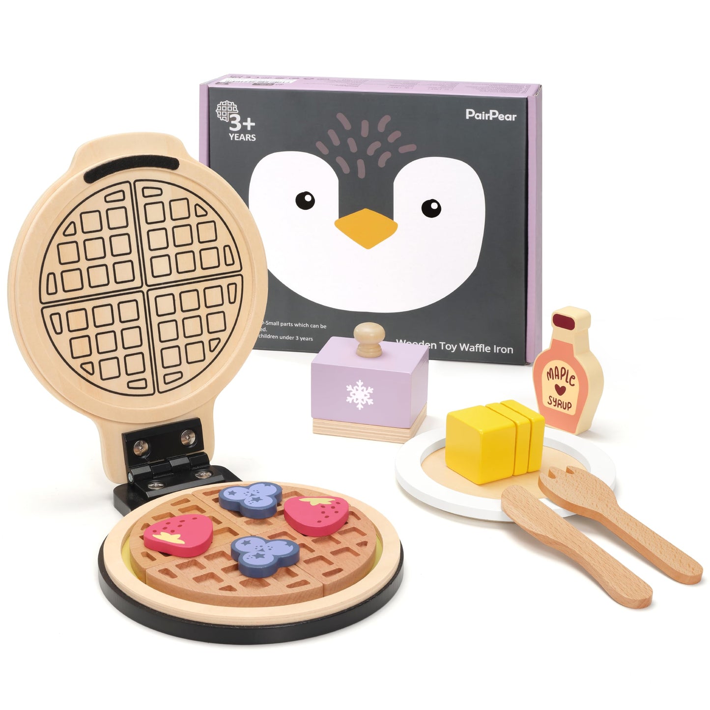 PairPear Wooden Waffle Maker Toy Food Playset, Kids Pretend Play Food Kitchen Accessories, Wooden Cooking Toy Baking Playset, Toddler Play Breakfast Brunch Tea Sets Cutting Food Gift for Girls Boys 3+