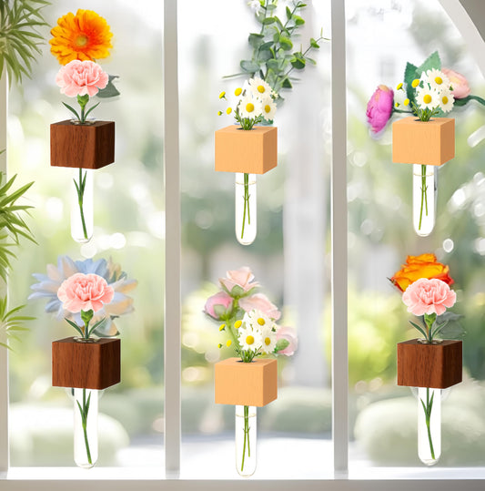 NUOLUTH 6PCS Mini Plant Propagation Station Set - Glass Test Tube Vases with Magnet and Adhesive Backed Wooden Holders for Window, Fridge, Wall, Office, Kitchen Decor, Home Plant Display