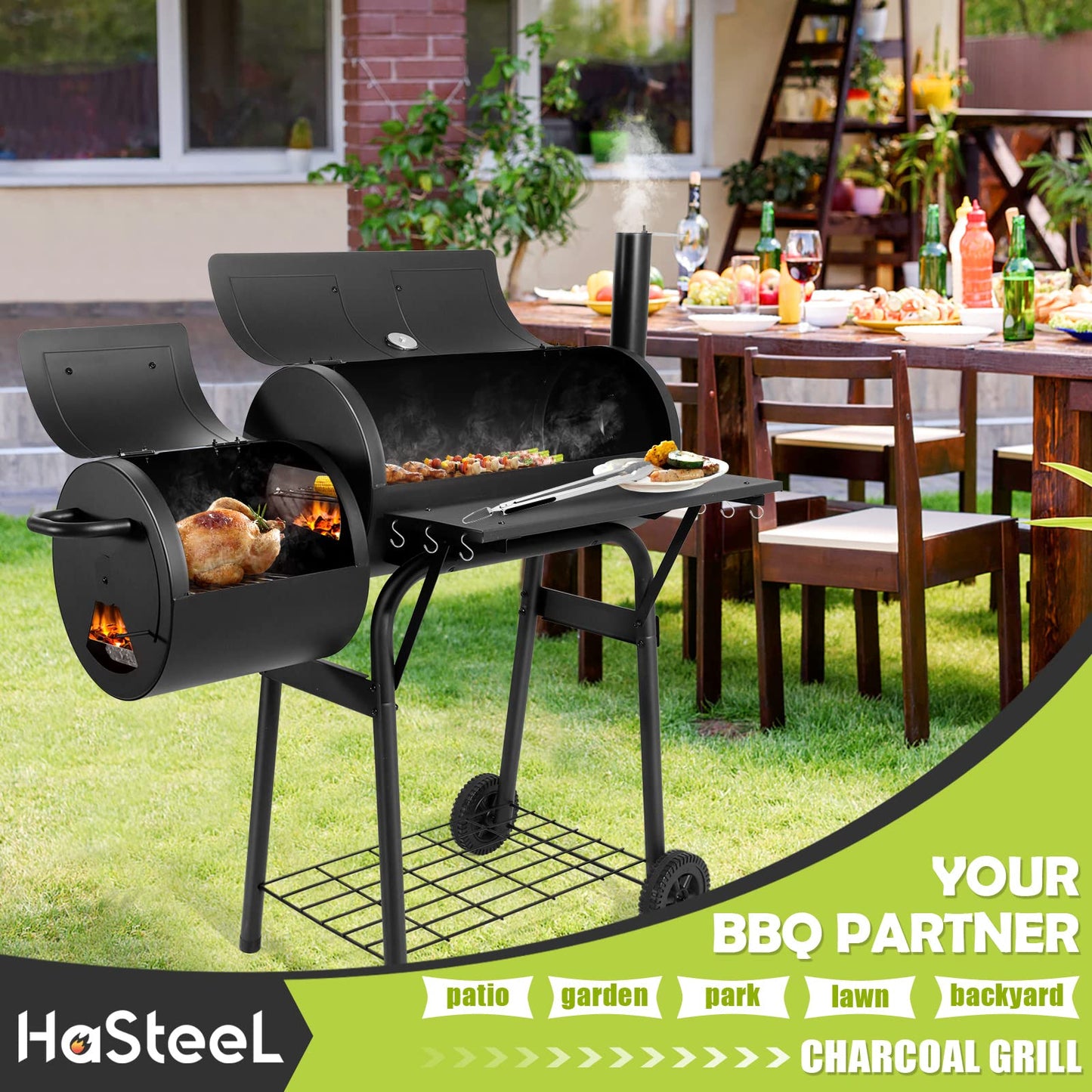 HaSteeL Outdoor Charcoal Grill with Cover, Large Barrel BBQ Grill with Offset Smoker, Great for Camping Patio Backyard Garden Party Picnic Beach, Large 420.SQ.IN Cooking Area, 2 Screwdrivers - Black