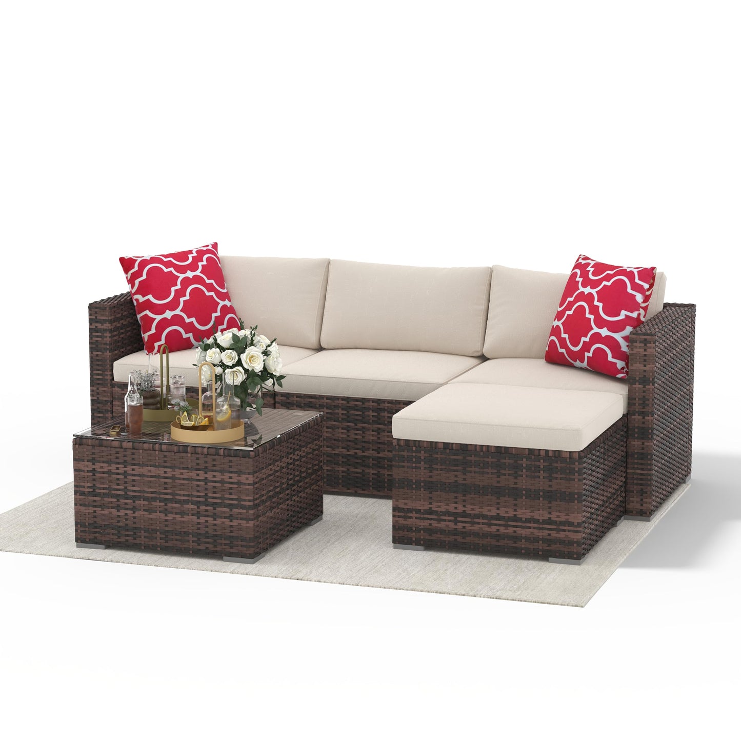 5 Piece Outdoor Patio Furniture Set, Rattan Deck Conversation Sofa Set with Non-Slip Cushions, All-Weather Sectional Sofa with Glass Storage Table and Balcony Footstool, Poolside, Garden, Brown+White