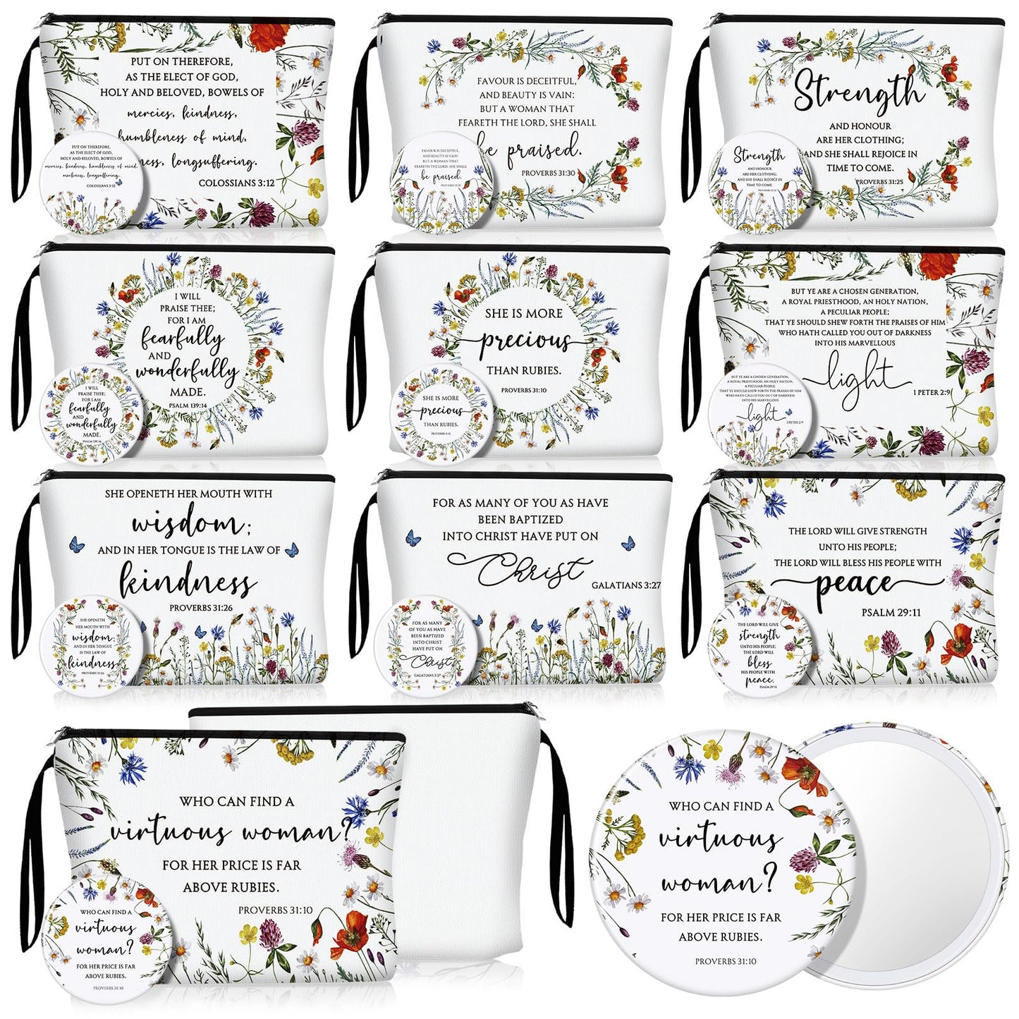 Kacctyen 20 Sets Christian Mother's Day Makeup Bag Bulk Christian Gift for Mother Religious Pocket Compact Mirror Inspirational Bible Cosmetic Bag with Zipper for Women Mom Church Member (Wildflower)